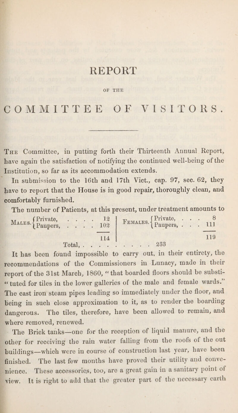 REPORT OF THE COMMITTEE OF VISITORS. The Committee, in putting forth their Thirteenth Annual Report, have again the satisfaction of notifying the continued well-being of the Institution, so far as its accommodation extends. In submission to the 16th and 17th Viet., cap. 97, sec. 62, they have to report that the House is in good repair, thoroughly clean, and comfortably furnished. The number of Patients, at this present, under treatment amounts to ,, (Private, [pauper^, 12 102 114 f Private, Females. I 8 111 119 Total,.233 It has been found impossible to carry out, in their entirety, the recommendations of the Commissioners in Lunacy, made in their report of the 31st March, 1860, ^Hhat boarded floors should be substi- “tuted for tiles in the lower galleries of the male and female wards.” The cast iron steam pipes leading so immediately under the floor, and being in such close approximation to it, as to render the boarding dangerous. The tiles, therefore, have been allowed to remain, and where removed, renewed. The Brick tanks—one for the reception of liquid manure, and the other for receiving the rain water falling from the roofs of the out buildings—w^hich were in course of construction last year, have been finished. The last few months have proved their utility and conve¬ nience. These accessories, too, are a great gain in a sanitary point of view. It is right to add that the greater part of the necessary earth