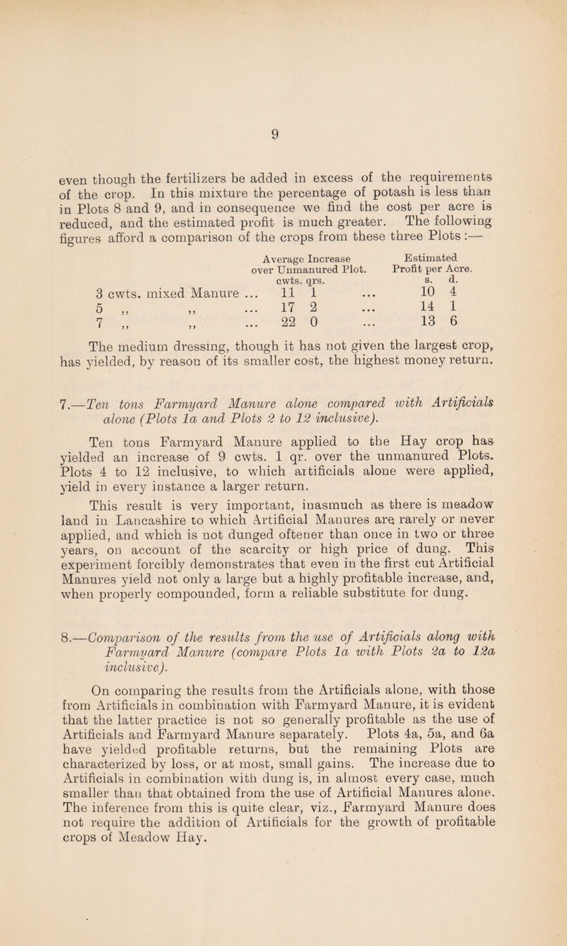 even though the fertilizers be added in excess of the requirements of the crop. In this mixture the percentage of potash is less than in Plots 8 and 9, and in consequence we find the cost per acre is reduced, and the estimated profit is much greater. The following figures afford a comparison of the crops from these three Plots :— Average Increase over Unmanured Plot, cwts. qrs. 3 cwts. mixed Manure ... 11 1 5 ,, ,, ... 17 2 7 „ „ ... 22 0 Estimated Profit per Acre, s. d. 10 4 14 1 13 6 The medium dressing, though it has not given the largest crop, has yielded, by reason of its smaller cost, the highest money return. 7. —Ten tons Farmyard Manure alone compared with Artificials alone (Plots la and Plots 2 to 12 inclusive). Ten tons Farmyard Manure applied to the Hay crop has yielded an increase of 9 cwts. 1 qr. over the unmanured Plots. Plots 4 to 12 inclusive, to which artificials alone were applied, yield in every instance a larger return. This result is very important, inasmuch as there is meadow land in Lancashire to which Artificial Manures are rarely or never applied, and which is not dunged oftener than once in two or three years, on account of the scarcity or high price of dung. This experiment forcibly demonstrates that even in the first cut Artificial Manures yield not only a large but a highly profitable increase, and, when properly compounded, form a reliable substitute for dung. 8. —Comparison of the results from the use of Artificials along with Farmyard Manure (compare Plots la with Plots 2a to 12a inclusive). On comparing the results from the Artificials alone, with those from Artificials in combination with Farmyard Manure, it is evident that the latter practice is not so generally profitable as the use of Artificials and Farmyard Manure separately. Plots 4a, 5a, and 6a have yielded profitable returns, but the remaining Plots are characterized by loss, or at most, small gains. The increase due to Artificials in combination with dung is, in almost every case, much smaller than that obtained from the use of Artificial Manures alone. The inference from this is quite clear, viz., Farmyard Manure does not require the addition of Artificials for the growth of profitable crops of Meadow Hay.