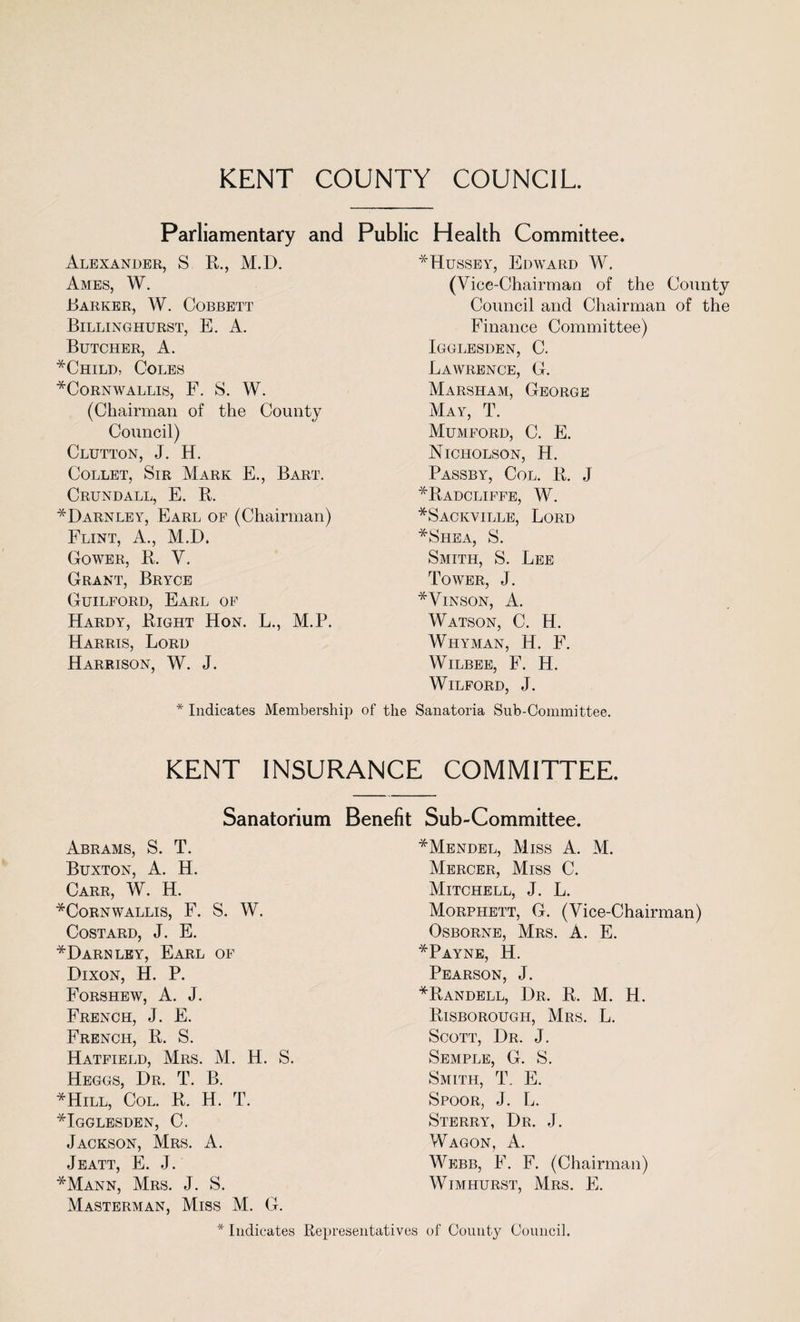 KENT COUNTY COUNCIL. Parliamentary and Public Health Committee Alexander, S R., M.D. Ames, W. JBarker, W. Cobbett Billinghurst, E. A. Butcher, A. *Child, Coles ^Cornwallis, F. S. W. (Chairman of the County Council) Clutton, J. H. Collet, Sir Mark E., Bart. Crundall, E. R. *Darnley, Earl of (Chairman) Flint, A., M.D. Gower, R. V. Grant, Bryce Guilford, Earl of Hardy, Right Hon. L., M.P. Harris, Lord Harrison, W. J. *Hussey, Edward W. (Vice-Chairman of the County Council and Chairman of the Finance Committee) Igglesden, C. Lawrence, G. Marsham, George May, T. Mumford, C. E. Nicholson, H. Passby, Col. R. J *Radcliffe, W. *Sackville, Lord *Shea, S. Smith, S. Lee Tower, J. * Vinson, A. Watson, C. H. Whyman, H. F. Wilbee, F. H. Wilford, J. Indicates Membership of the Sanatoria Sub-Committee. KENT INSURANCE COMMITTEE. Sanatorium Benefit Sub-Committee. Abrams, S. T. Buxton, A. H. Carr, W. H. *CORNWALLIS, F. S. W. Costard, J. E. *Darnley, Earl of Dixon, H. P. Forshew, A. J. French, J. E. French, R. S. Hatfield, Mrs. M. H. S. Heggs, Dr. T. B. *Hill, Col. R. H. T. *Igglesden, C. Jackson, Mrs. A. Jeatt, E. J. *Mann, Mrs. J. S. Masterman, Miss M. G. *Mendel, Miss A. M. Mercer, Miss C. Mitchell, J. L. Morphett, G. (Vice-Chairman) Osborne, Mrs. A. E. *Payne, H. Pearson, J. *Randell, Dr. R. M. H. Risborough, Mrs. L. Scott, Dr. J. Semple, G. S. Smith, T. E. Spoor, J. L. Sterry, Dr. J. Wagon, A. Webb, F. F. (Chairman) Wimhurst, Mrs. E. Indicates Representatives of County Council.