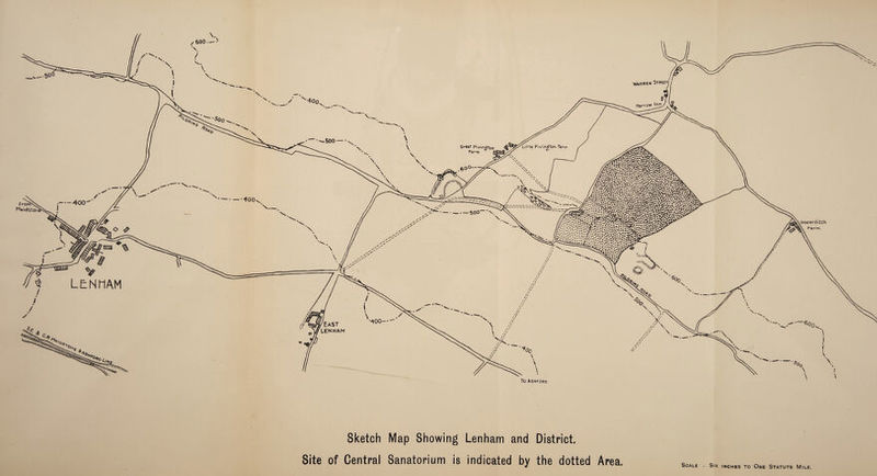 Sketch Site of Central Map Showing Lenham and District. Sanatorium is indicated by the dotted Area. Scale - Six inches to One Statute Mile.
