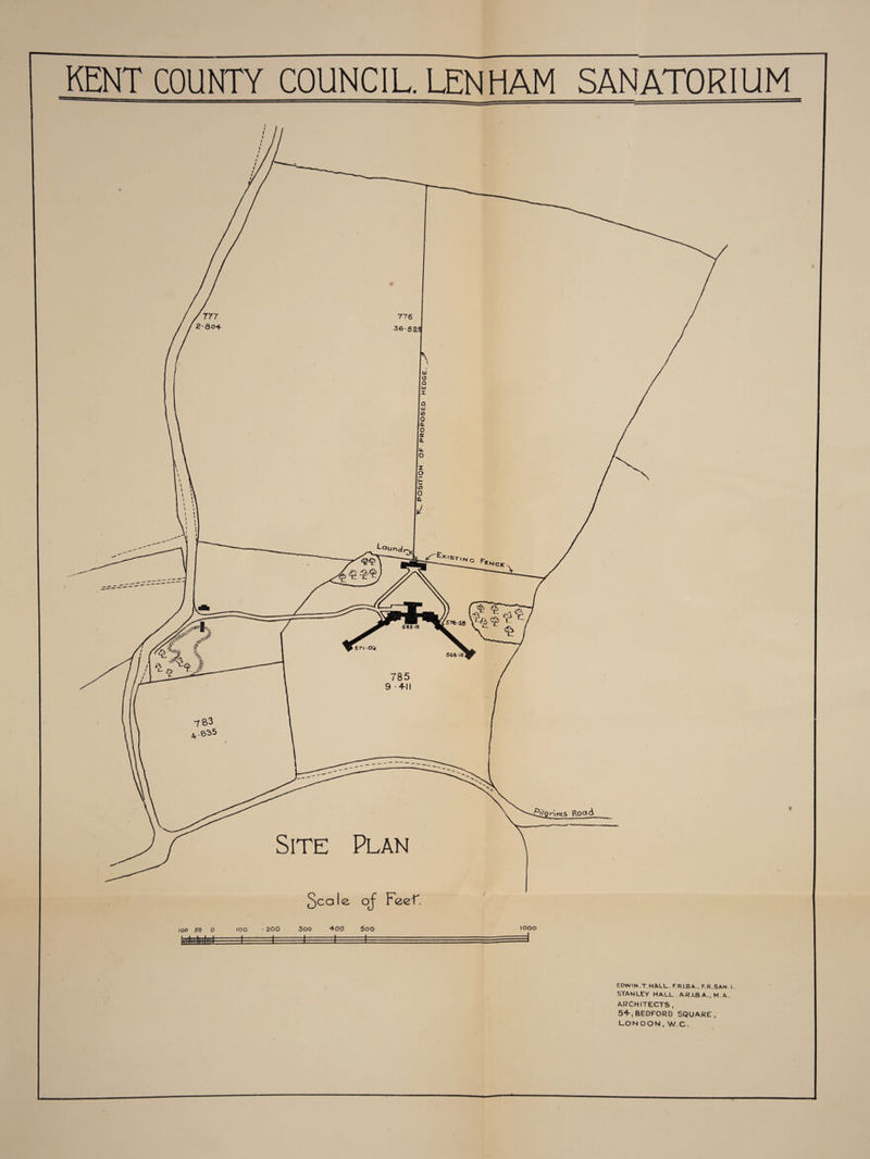 KENT COUNTY COUNCIL. LENHAM SANATORIUM EDWIN.T.HALL. F.R.l.BA., F.R.SAN. I. STANLEY HALL A.R.I.B.A., M A. ARCHITECTS , 54-, BEDFORD SQUARE, LON DON , W.C.