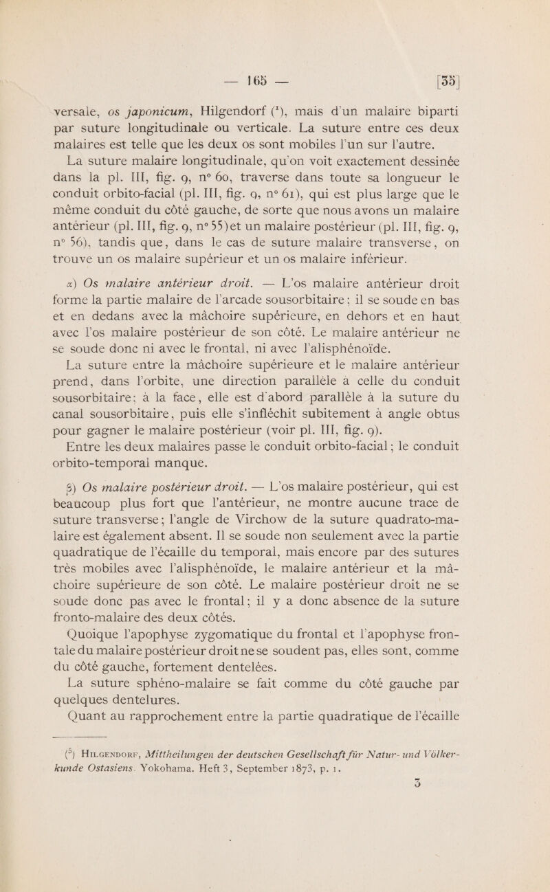 versale, os japonicum, Hilgendorf (*), mais d’un malaire biparti par suture longitudinale ou verticale. La suture entre ces deux malaires est telle que les deux os sont mobiles l’un sur l’autre. La suture malaire longitudinale, qu’on voit exactement dessinée dans la pi. III, fig. 9, n° 60, traverse dans toute sa longueur le conduit orbito-facial (pl. III, fig. q, n° 61), qui est plus large que le même conduit du côté gauche, de sorte que nous avons un malaire antérieur (pl. III, fig. 9, n° 55)et un malaire postérieur (pl. III, fig. 9, n° 56), tandis que, dans le cas de suture malaire transverse, on trouve un os malaire supérieur et un os malaire inférieur. a) Os malaire antérieur droit. — L’os malaire antérieur droit forme la partie malaire de l’arcade sousorbitaire ; il se soude en bas et en dedans avec la mâchoire supérieure, en dehors et en haut avec l’os malaire postérieur de son côté. Le malaire antérieur ne se soude donc ni avec le frontal, ni avec l’alisphénoïde. La suture entre la mâchoire supérieure et le malaire antérieur prend, dans l’orbite, une direction parallèle a celle du conduit sousorbitaire; à la face, elle est d'abord parallèle à la suture du canal sousorbitaire, puis elle s’infléchit subitement à angle obtus pour gagner le malaire postérieur (voir pl. III, fig. 9). Entre les deux malaires passe le conduit orbito-facial ; le conduit orbito-temporal manque. 8) Os malaire postérieur droit. — L’os malaire postérieur, qui est beaucoup plus fort que l’antérieur, ne montre aucune trace de suture transverse ; l’angle de Virchow de la suture quadrato-ma- laire est également absent. Il se soude non seulement avec la partie quadratique de l’écaille du temporal, mais encore par des sutures très mobiles avec l’alisphénoïde, le malaire antérieur et la mâ¬ choire supérieure de son côté. Le malaire postérieur droit ne se soude donc pas avec le frontal ; il y a donc absence de la suture fronto-malaire des deux côtés. Quoique l’apophyse zygomatique du frontal et l’apophyse fron¬ tale du malaire postérieur droit ne se soudent pas, elles sont, comme du côté gauche, fortement dentelées. La suture sphéno-malaire se fait comme du côté gauche par quelques dentelures. Quant au rapprochement entre la partie quadratique de l’écaille (9 Hilgendorf, Mittheilungen der deutschen Gesellschaftfur Natur- und Volker- kunde Ostasiens Yokohama. Heft 3, September 1873, p. 1. ô