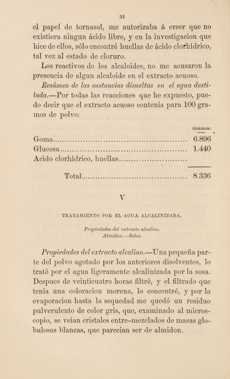 31 el papel ele tornasol, me autorizaba á creer que no existiera ningún ácido libre, y en la investigación que hice de ellos, sólo encontré huellas de ácido clorhídrico, tal vez al estado de cloruro. Los reactivos de los alcaloides, no me acusaron la presencia de algún alcaloide en el extracto acuoso. Resumen de las sustancias disueltas en el agua desti¬ lada.—Por todas las reacciones que he expuesto, pue¬ do decir que el extracto acuoso contenia para 100 gra¬ mos de polvo: Gramos. Goma. 6.896 Glucosa. 1.440 Acido clorhídrico, huellas. Total. 8.336 Y TRATAMIENTO POR EL AGUA ALCALINIZADA. Propiedades del extracto alcalino. A Imidon. —Sales. Propiedades del extracto alcalino.—Una pequeña par¬ te del polvo agotado por los anteriores disolventes, lo traté por el agua ligeramente alcalinizada por la sosa. Después de veinticuatro horas filtré, y el filtrado que tenia una coloración morena, lo concentré, y por la evaporación hasta la sequedad me quedó un residuo pulverulento de color gris, que, examinado al micros¬ copio, se veian cristales entre-mezclados de masas glo¬ bulosas blancas, que parecían ser de almidón.