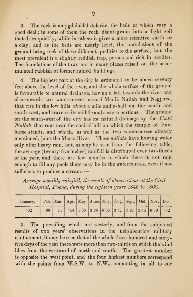 3. The rock is amygdaloidal dolerite, the beds of which vary a good deal; in some of them the rock disintegrates into a light soil that dries quickly, while in others it gives a more retentive earth or a clay; and as the beds are nearly level, the undulations of the ground bring rock of these different qualities to the surface, but the most prevalent is a slightly reddish trap, porous and rich in zeolites. The foundations of the town are in many places raised on the accu¬ mulated rubbish of former ruined buildings. 4. The highest part of the city is estimated to be above seventy feet above the level of the river, and the whole surface of the ground is favourable to natural drainage, having a fall towards the river and also towards two watercourses, named Manik Nullah and Nagjeree, that rise in the low hills about a mile and a-half on the south and south-west, and traverse its middle and eastern portions. The ground on the south-west of the city has its natural drainage by the Umbi Nullah that runs near the conical hill on which the temple of Pur- butee stands, and which, as wTell as the two watercourses already mentioned, joins the Moota River. These nullahs have flowing water only after heavy rain, but, as may be seen from the following table, the average (twenty-five inches) rainfall is distributed over two-thirds of the year, and there are few' months in which there it not rain enough to fill any pools there may be in the watercourses, even if not sufficient to produce a stream :—- Average monthly rainfall, the result of observations at the Civil Hospital, Poona, during the eighteen years 1845 to 1862. January, Feb- Mar. Apr. May. June. July. Aug. Sept. Oct. Nov. Dec. • o 1 ^ •00 •11 •44 1-05 3-96 6-85 3‘51 3-91 3-75 0*90 •02 5. The prevailing winds are westerly, and from the subjoined results of two years’ observations in the neighbouring military cantonment, it may be seen that of the whole three hundred and sixty- five days of the year there were more than two-thirds on which the wind blew from the westward of north and south. The greatest number is opposite the west point, and the four highest numbers correspond with the points from W.S.W. to N.W., amounting in all to one