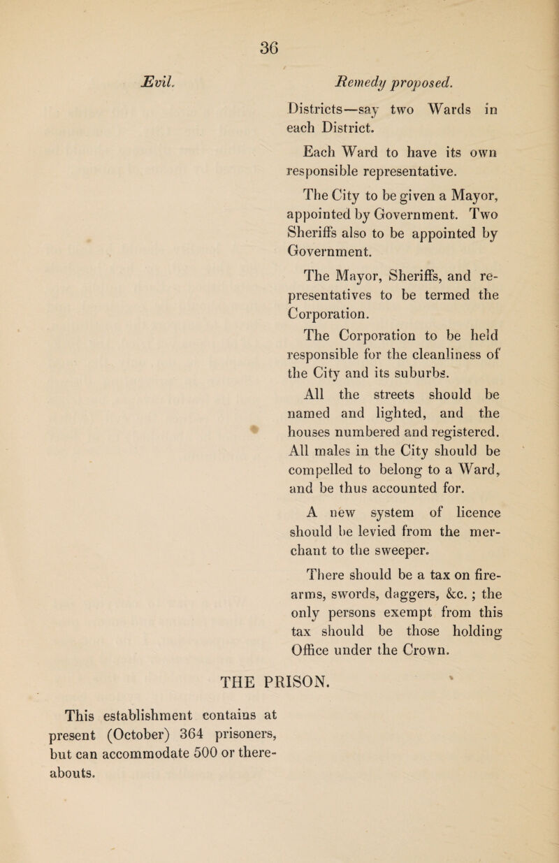 jEvil, Remedy proposed. Districts—say two Wards in each District. Each Ward to have its own responsible representative. The City to be given a Mayor, appointed by Government. Two Sheriffs also to be appointed by Government. The Mayor, Sheriffs, and re¬ presentatives to be termed the Corporation. The Corporation to be held responsible for the cleanliness of the City and its suburbs. All the streets should be named and lighted, and the houses numbered and registered. All males in the City should be compelled to belong to a Ward, and be thus accounted for. A new system of licence should be levied from the mer¬ chant to the sweeper. There should be a tax on fire¬ arms, swords, daggers, &c. ; the only persons exempt from this tax should be those holding Office under the Crown. THE PRISON. This establishment contains at present (October) 364 prisoners, but can accommodate 500 or there¬ abouts.