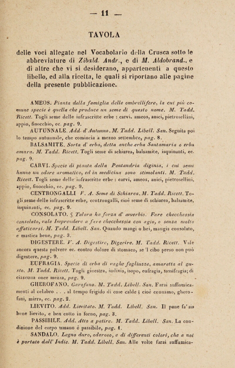 TAVOLA delie voci allegale nel Vocabolario di lla Crusca solfo le abbreviature di Zibald. Andr., e di M. Aldobrand., e di altre che vi si desiderano, appartenenti a questo libello, ed alla ricetta, le quali si riportano alle pagine della presente pubblicazione. AMEOS. Pianta della famiglia delle ombrellifere, la crii più co- mime specie è quella che produce un seme di questo nome. 31. Tadd. Ricett. Togli seme delle infrascritte erbe : carvi» ameos, anici, pietrose! 1 in appio, finocchio, cc. pag. 9. AUTUNNALE. Add- d'Autunno. 31. Tadd. Libell. San. Seguita poi lo tempo autunnale, che comincia a mezzo sellembre, pag. 8. BALSAMITE. Sorta d’ erba, detta anche erba Santamaria o erba amara. HI. Tadd. Pdcett. Togli seme di schiarea, balsamite, isquinanti, ec. pag. 9. CARVI. Specie di pianta della Pentandria diginia, i cui semi hanno un odore aromatico, ed in medicina sono stimolanti. 31. Tadd. Piicett. Togli seme delle infrascritte erbe : carvi, ameos, anici, pietrosellini. appio, finocchio, ec. pag. 9. CENTRONGALLI F. A. Seme di Schiarea. M. Tadd. Ri celt. To¬ gli seme delle iufrascritte erbe, centrongalli, cioè seme di schiarea, balsamite, isquinanti, ec. pag. 9. CONSOLATO. § Talora ha forza d’ avverbio. Fare checchessia consolato, vale Imprendere a fare checchessia con agio, o senza mollo affaticarsi. M. Tadd. Libell. San. Quando mangi o bei, mangia consolalo, e mastica bene, pag. 3. DIGESTERE. V. A. Digest ire, Digerire. M. Tadd. Ricett. Vale ancora questa polvere ec. contro dolore di stomaco, se ’1 cibo preso non può digestere, pag. 9. EUFRAGIA. Specie di erba di vaghe fogliuzze, amaretta al gu¬ sto. 31. Tadd. Ricett. Togli ginestra, indivia, isopo, eufragia, sassifragia; di ciascuna once mezza, pag. 9. GHEROFANO. Garofano. 31. Tadd. Libell. San. Farai suffumica- menti al celabro ... al tempo frigido di cose calde ; cioè cerniamo, ghero- fani, mirra, ec. pag. 2. LIEVITO. Add. Lievitato. 31. Tadd. Libell. San. Il pane fa’sia bene lievito, e ben collo in forno, pag. 3. PASSIBILE. Add. Atto a patire. M. Tadd. Libell. San. La con¬ dizione del corpo umano è passibile, pag. i. SANDALO. Legno duro, odoroso, e di differenti colori, che a noi è portato dall’ Indie, 31. Tadd. Libell. San. Alle volte farai suffumica-
