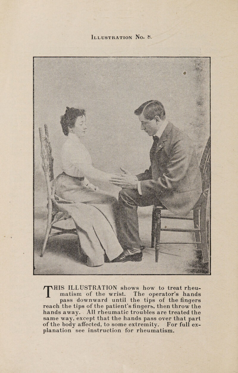 THIS ILLUSTRATION shows how to treat rheu¬ matism of the wrist. The operator’s hands pass downward until the tips of the fingers reach the tips of the patient’s fingers, then throw the hands away. All rheumatic troubles are treated the same way, except that the hands pass over that part of the body affected, to some extremity. For full ex¬ planation see instruction for rheumatism.