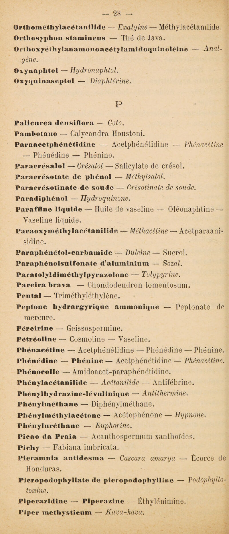 Orthométhylaeétanilide — Exalgine ■— Méthylacétanilide, Orthosyphon stamineus — Thé de Java. Orihoxyéthylanamonoacétylamidoquinoïéine — Anal- gène. Osynaphtol — Hydronciphtol. Oxyquinaseptol — Diaphtérine. P Palicurea densiflora — Cote. Pamfcotano — Calycandra Houstoni. Paraacetphénétidine — Acetphénétidine — Phénacétine — Phénédine — Phénino. Paraerésalol — Créscilol — Salicylate de crésol. Paracrésotate de phénol — Méthylsalol. Paracrésotinate de soude — Crésotinate de soude. Paradiphénol — Hydroquinone. Paraffine liquide — Huile de vaseline — Oléonaphtine — Vaseline liquide. Paraoxyméthylacétanilide — Méthacètine — Àcetparaani- sidine. Parapliénétol-carhamide — Dulcine — Sucrol. Parapliénolsulfonate d’aluminium — Sozal. Paralolyldiméthylpyrazolone — Tolypyrine. Pareira brava — Chondodendron tomentosum. Pental — Triméthyléthylène. Peptone hydrargyrique ammonique — Peptonate de mercure. Péreirine — Geissospermine. Pétréoline — Cosmoline — Vaseline. Phénacétine — Acetphénétidine — Phénédine — Phénine. Phénédine •— Phénine — Acetphénétidine — Phénacétine. Phénocolle — Amidoacet-paraphénétidine. Phénylacétanilide — Acétanilide — Antifébrine. Phénylhydrazine-lévulinique — Antithermine. Phénylméthane — Diphénylméthane. Phénylmélliylacétone — Acétophénone — Hypnone. Phénylurétliane — Euphorine. Picao da Praia — Acanthospermum xanthoïdes. Pichy — Fabiana imbricata. Picramnia antidesma — Cciscara amargci — Écorce de Honduras. Picropodophyllate de picropodopliylliiie — Podophyllo- toxine. Piperazidine — Piperazine — Éthylénimine. Piper metliysticum — Kava-kava.