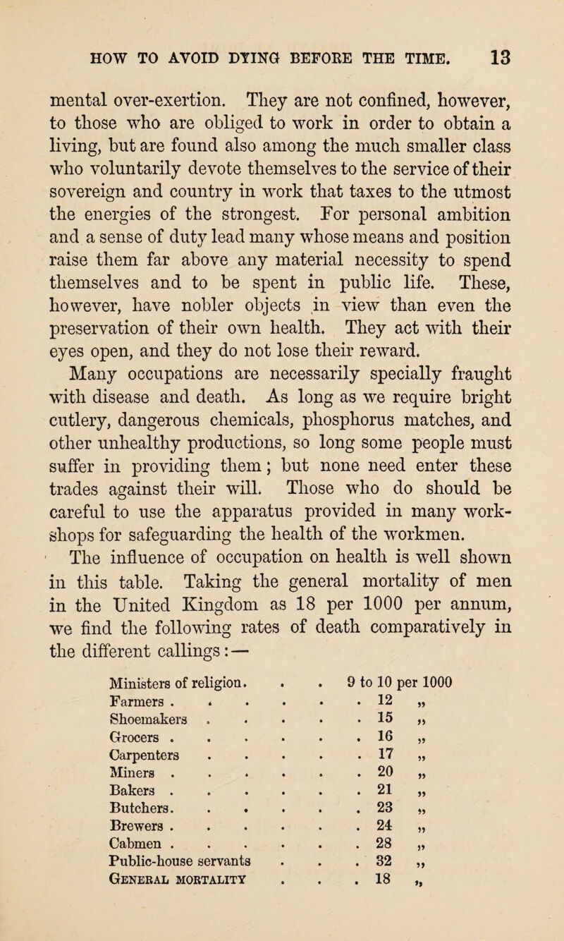 mental over-exertion. They are not confined, however, to those who are obliged to work in order to obtain a living, but are found also among the much smaller class who voluntarily devote themselves to the service of their sovereign and country in work that taxes to the utmost the energies of the strongest. For personal ambition and a sense of duty lead many whose means and position raise them far above any material necessity to spend themselves and to be spent in public life. These, however, have nobler objects in view than even the preservation of their own health. They act with their eyes open, and they do not lose their reward. Many occupations are necessarily specially fraught with disease and death. As long as we require bright cutlery, dangerous chemicals, phosphorus matches, and other unhealthy productions, so long some people must suffer in providing them; but none need enter these trades against their will. Those who do should be careful to use the apparatus provided in many work¬ shops for safeguarding the health of the workmen. ’ The influence of occupation on health is well shown in this table. Taking the general mortality of men in the United Kingdom as 18 per 1000 per annum, we find the following rates of death comparatively in the different callings: — Ministers of religion. . 9 to 10 per 1000 Farmers . . . 12 5> Shoemakers . 15 >> Grocers . . 16 Carpenters . 17 Miners . . 20 Bakers . . 21 Butchers. . 23 Brewers . . 24 Cabmen . . 28 Public-house servants . 32 General mortality . 18 »»
