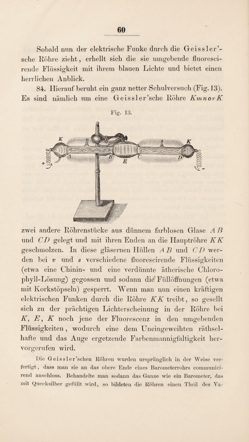 Sobald nun der elektrische Funke durch die Gei ss ler5- sche Röhre zieht, erhellt sich die sie umgebende fluoresci- rende Flüssigkeit mit ihrem blauen Lichte und bietet einen herrlichen Anblick. 84. Hierauf beruht ein ganz netter Schulversuch (Fig. 13). Es sind nämlich um eine Geiss 1 er’sche Röhre KmnorK Fig-. 13, zwei andere Röhrenstücke aus dünnem farblosen Glase A B und CD gelegt und mit ihren Enden an die Hauptröhre K K geschmolzen. In diese gläsernen Hüllen A B und CD wer¬ den bei v und 5 verschiedene fluorescirende Flüssigkeiten O (etwa eine Chinin- und eine verdünnte ätherische Chloro¬ phyll-Lösung) gegossen und sodann die Füllöffnungen (etwa mit Korkstöpseln) gesperrt. Wenn man nun einen kräftigen elektrischen Funken durch die Röhre KK treibt, so gesellt sich zu der prächtigen Lichterscheinung in der Röhre bei K, E, K noch jene der Fluorescenz in den umgebenden Flüssigkeiten, wodurch eine dem Uneingeweihten räthsel- liafte und das Auge ergetzende Farbenmannigfaltigkeit her¬ vorgerufen wird. Die Geis sler’schen Föhren wurden ursprünglich in der Weise ver¬ fertigt , dass man sie an das obere Ende eines Barometerrohrs eommunici- rend anschloss. Behandelte man sodann das Ganze wie ein Barometer, das mit Quecksilber gefüllt wird, so bildeten die Köhren einen Theil des Va-