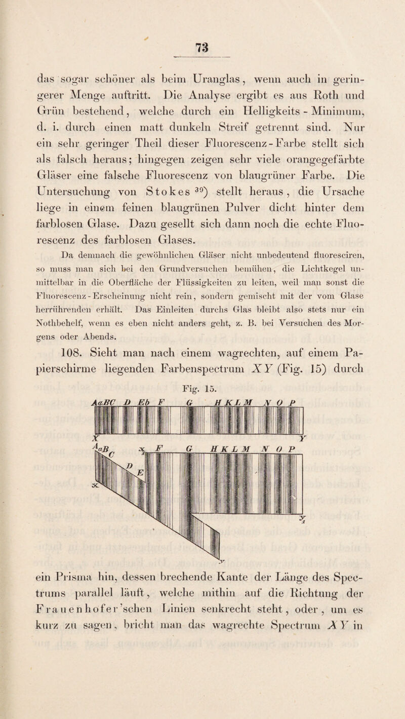 ✓ das sogar schöner als beim Uranglas, wenn auch in gerin¬ gerer Menge anftritt. Die Analyse ergibt es ans Roth und Grün bestehend, welche durch ein Helligkeits - Minimum, d. i. durch einen matt dunkeln Streif getrennt sind. Nur ein sehr geringer Theil dieser Fluorescenz-Farbe stellt sich als falsch heraus; hingegen zeigen sehr viele orangegefärbte Gläser eine falsche Fluorescenz von blaugrüner Farbe. Die Untersuchung von Stokes39) stellt heraus, die Ursache liege in einem feinen blaugrünen Pulver dicht hinter dem farblosen Glase. Dazu gesellt sich dann noch die echte Fluo¬ rescenz des farblosen Glases. Da demnach die gewöhnlichen Gläser nicht unbedeutend fluoresciren, so muss man sich bei den Grundversuchen bemühen, die Lichtkegel un¬ mittelbar in die Oberfläche der Flüssigkeiten zu leiten, weil man sonst die Fluorescenz - Erscheinung nicht rein, sondern gemischt mit der vom Glase herrührenden erhält. Das Einleiten durchs Glas bleibt also stets nur ein Nothbehelf, wenn es eben nicht anders geht, z. B. bei Versuchen des Mor¬ gens oder Abends. 108. Sieht man nach einem wagrechten, auf einem Pa¬ pierschirme liegenden Farbenspectrnm X Y (Fig. 15) durch Fig. 15. ein Prisma hin, dessen brechende Kante der Länge des Spec¬ trum s parallel läuft, welche mithin auf die Richtung der F ra u e n hofer ’schen Linien senkrecht steht, oder, um es kurz zu sagen, bricht man das wagrechte Spectrum Ä Y in