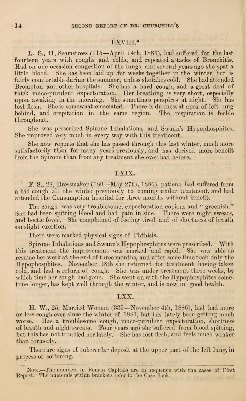 1 iiXvm* L. S., 41, Seamstress (115—April 14th, 1886), had suffered lor the last fourteen years with coughs and colds, and repeated attacks of Bronchitis. Had on one occasion congestion of the lungs, and several years ago she spat a little blood. She has been laid up for weeks together in the winter, but is fairly comfortable during the summer, unless she takes cold. She had attended Brompton and other hospitals. She has a hard cough, and a great deal of thick muco-purulent expectoration. Her breathing is very short, especially upon awaking in the morning. She sometimes perspires at night. She has lost flesh. She is somewhat emaciated. There is dullness at apex of left lung behind, and crepitation in the same region. The respiration is feeble throughout. She was prescribed Spirone Inhalations, and Swann’s Hypophosphites. She improved very much in every way with this treatment. She now reports that she has passed through this last winter, much more satisfactorily than for many years previously, and has derived more benefit from the Spirone than from any treatment she ever had before. LXIX. F. S., 28, Dressmaker (180—May 27th, 1886), patient had suffered from a bad cough all the winter previously to coming under treatment, and had attended the Consumption hospital for three months without benefit. The cough was very troublesome, expectoration copious and “ greenish/’ She had been spitting blood and had pain in side. There were night sweats, and hectic fever. She complained of feeling tired, and of shortness of breath on slight exertion. There were marked physical signs of Phthisis. Spirone Inhalations and Swann’s Hypophosphites were prescribed. With this treatment the improvement was marked and rapid. She was able to resume her work at the end of three months, and after some time took onlv the Hypophosphites. November 18th she returned for treatment having taken cold, and had a return of cough. She was under treatment three weeks, by which time her cough had gone. She went on with the Hypophosphites some¬ time longer, has kept well through the winter, and is now in good health. LXX. H. W., 25, Married Woman (335—November 4th, 1886), had had more or less cough ever since the winter of 1881, but has lately been getting much worse. Has a troublesome cough, muco-purulent expectoration, shortness of breath and night sweats. Four years ago she suffered from blood spitting, hut this has not troubled her lately. She has lost flesh, and feels much weaker than formerly. There are signs of tubercular deposit at the upper part of the left lung, in process of softening. Note.—The numbers in Roman Capitals are in sequence with the cases of First Report. The numerals within brackets refer to the Case Book.