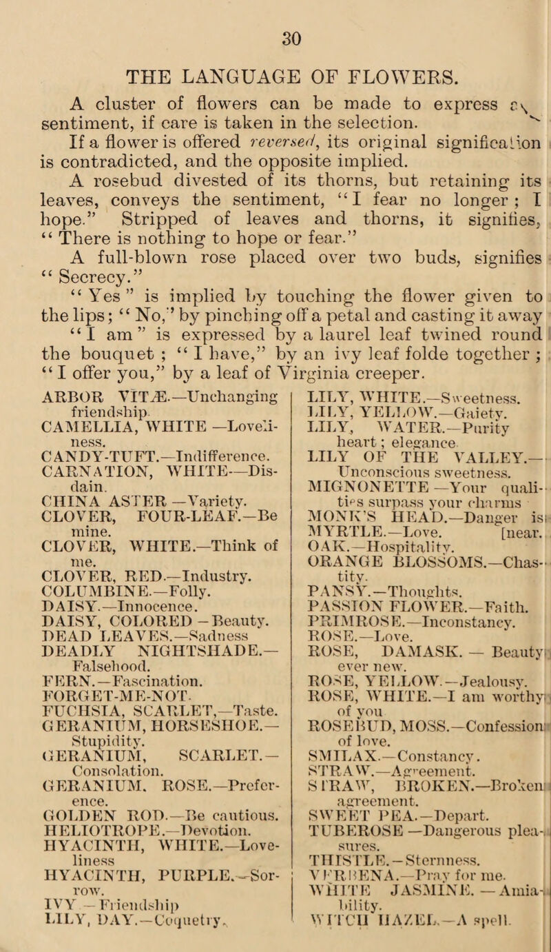 THE LANGUAGE OF FLOWERS. A cluster of flowers can be made to express sentiment, if care is taken in the selection. ^ If a flower is offered reversed, its original significaiion is contradicted, and the opposite implied. A rosebud divested of its thorns, but retaining its leaves, conveys the sentiment, “I fear no longer; I hope.” Stripped of leaves and thorns, it signifies, “ There is nothing to hope or fear.” A full-blown rose placed over two buds, signifies “ Secrecy.” “ Yes” is implied by touching the flower given to the lips; “ No,” by pinching off a petal and casting it away “I am” is expressed by a laurel leaf twined round the bouquet ; “I have,” by an ivy leaf folde together ; “ I offer you,” by a leaf of Virginia creeper. ARBOR YlTiE.—Unchanging friendship. CAMELLIA, WHITE —Loveli¬ ness. CANDY-TUFT.—Indifference. CARNATION, WHITE—Dis¬ dain. CHINA ASTER —Variety. CLOVER, FOUR-LEAF.—Be mine. CLOVER, WHITE.—Think of me. CLOVER, RED.—Industry. COLUMBINE.—Folly. DAISY. —Innocence. DAISY, COLORED-Beauty. DEAD LEAVES.—Sadness DEADLY NIGHTSHADE.— Falsehood. FERN.—Fascination. FORGET-ME-NOT. FUCHSIA, SCARLET,—Taste. GERANIUM, HORSESHOE.— Stupidity. GERANIUM, SCARLET.— Consolation. GERANIUM. ROSE.—Prefer¬ ence. GOLDEN ROD.—Be cautious. HELIOTROPE .—Devotion. HYACINTH, WHITE.—Love¬ liness HYACINTH, PURPLE. —Sor¬ row. IVY — Friendship LILY, DAY.—Coquetry LILY, WHITE.—Sweetness. LILY, YELLOW.—Gaiety. LILY, WATER.—Purity heart; elegance LILY OF THE VALLEY.— Unconscious sweetness. MIGNONETTE —Your quali¬ ties surpass your charms MONK’S HEAD.—Danger isi- MYRTLE.—Love. [near. OAK.—Hospital itv. ORANGE BLOSSOMS.—Chas¬ tity. PANSY.—Thoughts. PASSION FLOWER.—Faith. PRIMROSE.—Inconstancy. ROSE.—Love. ROSE, DAMASK. — Beauty; ever new. ROSE, YELLOW.—Jealousy. ROSE, WHITE.—I am worthy; of you ROSEBUD, MOSS.—Confession: of love. SMILAX.—Constancy. STRAW.—Agreement. S I'RAW, BROIv EN—Broken! 1 agreement. SWEET PEA.-Depart. TLTBEROSE —Dangerous plea¬ sures. THISTLE. —Sternness. VERBENA.—Pray for me. WHITE JASMINE. — Amia¬ bility. WITCH I1AZEL.-A spell.