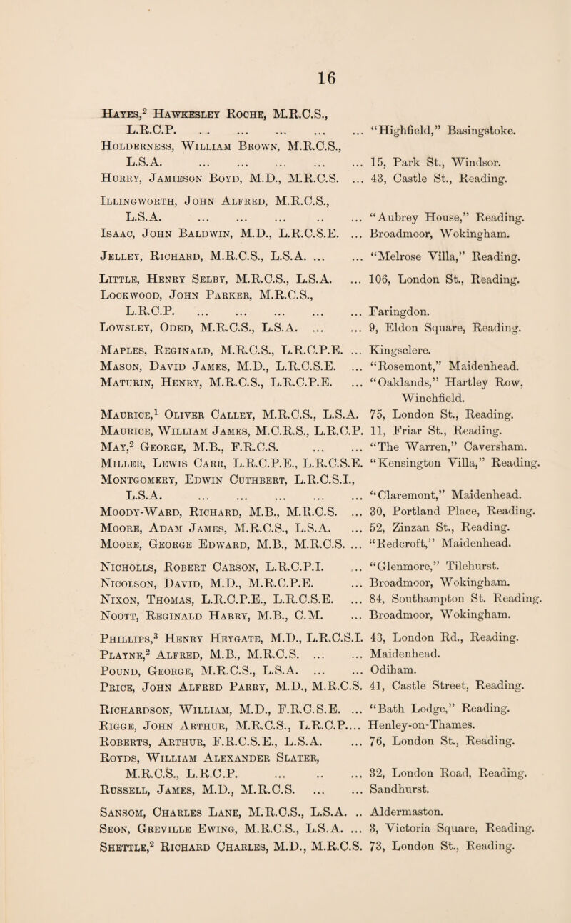 Hates,2 Haweesley Roche, M.R.C.S., L.R.C.P. Holderness, William Brown, M.R.C.S., L.S.A. Hurry, Jamieson Boyd, M.D., M.R.C.S. Illingworth, John Alfred, M.R.C.S., L.S.A. Isaac, John Baldwin, M.D., L.R.C.S.E. Jelley, Richard, M.R.C.S., L.S.A. ... Little, Henry Selby, M.R.C.S., L.S.A. Lockwood, John Parker, M.R.C.S., L.R.C.P. Lowsley, Oded, M.R.C.S., L.S.A. ... “Highfield,” Basingstoke. 15, Park St., Windsor. 43, Castle St., Reading. “Aubrey House,” Reading. Broadmoor, Wokingham. “Melrose Villa,” Reading. 106, London St., Reading. Faringdon. 9, Eldon Square, Reading. Maples, Reginald, M.R.C.S., L.R.C.P.E. ... Mason, David James, M.D., L.R.C.S.E. Maturin, Henry, M.R.C.S., L.R.C.P.E. Maurice,1 Oliver Calley, M.R.C.S., L.S.A. Maurice, William James, M.C.R.S., L.R.C.P. May,2 George, M.B., F.R.C.S. . Miller, Lewis Carr, L.R.C.P.E., L.R.C.S.E. Montgomery, Edwin Cuthbert, L.R.C.S.I., L.S.A. Moody-Ward, Richard, M.B., M.R.C.S. ... Moore, Adam James, M.R.C.S., L.S.A. Moore, George Edward, M.B., M.R.C.S. ... Kingsclere. “Rosemont,” Maidenhead. “Oaklands,” Hartley Row, Winchfield. 75, London St., Reading. 11, Friar St., Reading. “The Warren,” Caversham. “Kensington Villa,” Reading. “Claremont,” Maidenhead. 30, Portland Place, Reading. 52, Zinzan St., Reading. “Redcroft,” Maidenhead. Nicholes, Robert Carson, L.R.C.P.I. Nicolson, David, M.D., M.R.C.P.E. Nixon, Thomas, L.R.C.P.E., L.R.C.S.E. Noott, Reginald Harry, M.B., C.M. ... “Glenmore,” Tilehurst. ... Broadmoor, Wokingham. ... 84, Southampton St. Reading. ... Broadmoor, Wokingham. Phillips,3 Henry Heygate, M.D., L.R.C.S.I. 43, London Rd., Reading. Playne,2 Alfred, M.B., M.R.C.S. ... ... Maidenhead. Pound, George, M.R.C.S., L.S.A. ... ... Odiham. Price, John Alfred Parry, M.D., M.R.C.S. 41, Castle Street, Reading. Richardson, William, M.D., F.R.C.S.E. ... “Bath Lodge,” Reading. Rigge, John Arthur, M.R.C.S., L.R.C.P.... Henley-on-Thames. Roberts, Arthur, F.R.C.S.E., L.S.A. ... 76, London St., Reading. Royds, William Alexander Slater, M.R.C.S., L.R.C.P. ... .32, London Road, Reading. Russell, James, M.D., M.R.C.S.Sandhurst. Sansom, Charles Lane, M.R.C.S., L.S.A. .. Aldermaston. Seon, Greville Ewing, M.R.C.S., L.S.A. ... 3, Victoria Square, Reading. Shettle,2 Richard Charles, M.D., M.R.C.S. 73, London St., Reading.