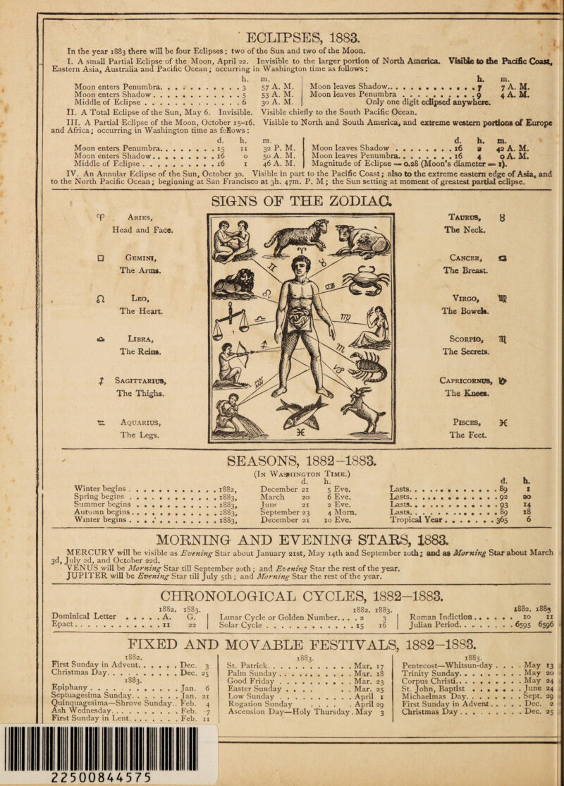 ' ECLIPSES, 1883. In the year 1883 there will be four Eclipses; two of the Sun and two of the Moon. I. A small Partial Eclipse of the Moon, April 22. Invisible to the larger portion of North America. Visible to the Pacific Coast, Eastern Asia, Australia and Pacific Ocean; occurring in Washington time as follows : m. h. m. 57 A. M. Moon leaves Shadow.. ,7 7 A. M. 53 A. M. Moon leaves Penumbra.9 4 A. M. 30 A. M. Only one digit eclipsed anywhere. Visible chiefly to the South Pacific Ocean. Visible to North and South America, and extreme western portions of Europe h. Moon enters Penumbra. . ..3 Moon enters Shadow.5 Middle of Eclipse ..6 II. A Total Eclipse of the Sun, May 6. Invisible. III. A Partial Eclipse of the Moon, October 15-16. and Africa; occurring in Washington time as fofiows : Moon enters Penumbra.15 Moon enters Shadow..16 Middle of Eclipse ..16 d. h. m. 15 n 32 P. M. 16 0 50 A. M. 16 1 46 A. M. d. h. m. Moon leaves Shadow.16 a 42 A. M. Moon leaves Penumbra.16 4 oA. M. Magnitude of Eclipse =« 0.28 (Moon’s diameter = 1). IV. An Annular Eclipse of the Sun, October 30. Visible in part to the Pacific Coast; also to the extreme eastern edge of Asia, and to the North Pacific Ocean; beginning at San Francisco at 3I1. 47m. P. M ; the Sun setting at moment of greatest partial eclipse. SIGNS OF THE ZODIAC. HP Aries, Head and Face. □ Gemini, The Arms. £1 Leo, The Heart. jCs Libra, The Reins. $ Sagittarius, The Thighs. Aquarius, The Legs. Taurus, 8 The Neck. Cancer, a The Breast. Virgo, up The Bowels. Scorpio, m The Secrets. Capricornus, The Knees. Pisces, The Feet. K SEASONS, 1882-1883. Winter begins.1882, Spring begins ..1883, Summer begins ..1883, Autumn begins.1883, Winter begins . . . .*.1883, in Washington Time.) d. h. d. h. December 21 5 Eve. Lasts. 1 March 20 6 Eve. Lasts.. . so Junf 21 2 Eve. Lasts. 14 September 23 4 Morn. Lasts.. 18 December 21 10 Eve. Tropical Year . . . . 6 MORNING AND EVENING STARS, 1883. MERCURY will be visible as Evening Star about January 21st, May 14th and September 10th: and as Morning Star about March 3d, July 2d, and October 22d. VENUS will be Morning. Star till September 20th; and Evening Star the rest of the year. JUPITER will be Evening Star till July 5th ; and Morning Star the rest of the year. CHRONOLOGICAL CYCLES, 1882-1883. 1882. 188^. 1882. 1883. 1882. Dominical Letter . . G. Lunar Cycle or Golden Number. ... 2 3 Roman Indiction . . . Epact.. 22 Solar Cycle.15 16 Julian Period. FIXED AND MOVABLE FESTIVALS, 1882-1883. 1882. First Sunday in Advent.Dec. 3 Christmas Day.Dec. 25 1883. Epiphany .... Jan. 6 Septuagesima Sunday.Jan. 21 Quinquagesima—Shrove Sunday.. Feb. 4 Ash Wednesday.Feb. 7 First Sunday in Lent.Feb. n 1883. St. Patrick.Mar. 17 Palm Sunday.Mar. 18 Good Friday. Mar. 23 Easter Sunday .... . . Mar. 25 Low Sunday.April 1 Rogation Sunday .April 29 Ascension Day—Holy Thursday . May 3 1883. Pentecost—Whitsun-day .... May Trinity Sunday.May Corpus Christi.. ..May St. John, Baptist ....... June Michaelmas Day.Sept. First Sunday in Advent.Dec. Christmas Day.Dec. 13 20 24 24 29 2 25 22500844575