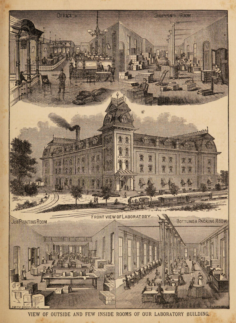 iiiiHUCHfti wmlBSm fflmm G.Gmmtt Front view ofLaboratory BOTTLlMGl&.WaWCfflB SMITH RROS.PHil.A iiiiiDiiiniiriiiiuiiiiiuiMHnini; VIEW OF OUTSIDE AND FEW INSIDE ROOMS OF OUR LABORATORY BUILDING.