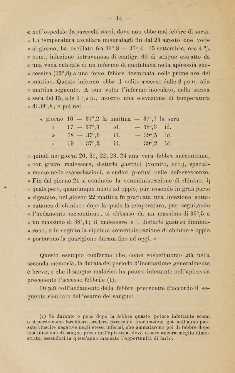 « neirospedale da parecchi mesi, dove non ebbe mai febbre di sorta. « La temperatura ascellare misuratagli fin dal 23 agosto due volte « al giorno, ha oscillato fra 36°,8 — 37°,4. 15 settembre, ore 4 ^/4 « pom., iniezione intravenosa di centigr. 60 di sangue estratto da « una vena cubitale di un infermo di quotidiana nella apiressia suc- « cessiva (35°,8) a una forte febbre terminata nelle prime ore del « mattino. Questo infermo ebbe il solito accesso dalle 8 pom. alla « mattina seguente. A sua volta l’infermo inoculato, nella stessa « sera del 15, alle 9 ^/2 p., mostrò una elevazione di temperatura « di 38°,8; e poi nel giorno 16 — 37°,2 la mattina 1 co la sera » 17 _ 370^3 id. — 38°,3 id. » 18 — 37°,6 id. — 39°,5 id. » 19 — 37°,2 id. — 39°,2 id. « quindi nei giorni 20, 21, 22, 23, 24 una vera febbre succontinua, « con grave malessere, disturbi gastrici (vomito, ecc.), special- « mente nelle esacerbazieni, e sudori profusi nelle defervescenze. « Fin dal giorno 21 si cominciò la somministrazione di chinino, i]^ « quale però, quantunque misto ad oppio, pur essendo in gran parte « rigettato, nel giorno 22 mattina fu praticata una iniezione sotto- « cutanea di chinino ; dopo la quale la temperatura, pur seguitando « l’andamento succontinuo, si abbassò da un massimo di 39°,5 a « un massimo di 38°,4; il malessere e i disturbi gastrici diminui- « rono, e in seguito la ripetuta somministrazione di chinino e oppio « portarono la guarigione durata fino ad oggi. » Questo esempio conferma che, come sospettammo già nella seconda memoria, la durata del periodo d’incubazione generalmente è breve, e che il sangue malàrico ha potere infettante nell’apiressia, precedente l’accesso febbrile (1). Di più coll’andamento della febbre precedette d’accordo il se¬ guente risultato dell’esame del sangue: (1) Se durante o poco dopo ia febbre questo potere infettante scemi o si perda come farebbero credere parecchie inocnlazioni già nell’anno pas¬ sato riuscite negative negli stessi infermi, che ammalarono poi di febbre dopo una iniezione di sangne preso nell’apiressia, deve essere ancora meglio dimo¬ strato, essendoci in quest’anno mancata l’opportunità di farlo.