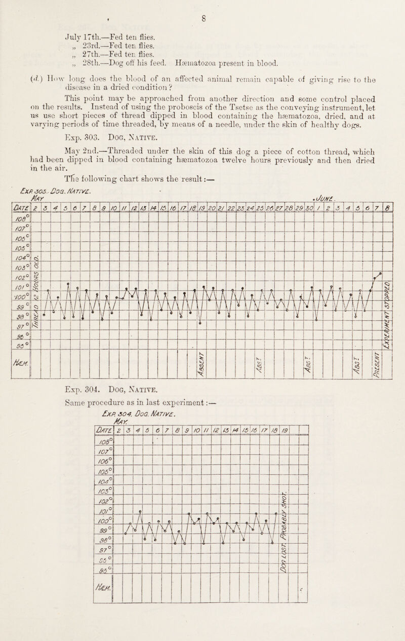8 July 17tli.—Fed ten flies. „ 23rd.—Fed ten flies. „ 27th.—Fed ten flies. „ 28th.—Dog off his feed. Hrematozoa present in blood. (<l) How long does the blood of an affected animal remain capable of giving rise to the disease in a dried condition? This point may be approached from another direction and some control placed on the results. Instead of using the proboscis of the Tsetse as the conveying instrument, let us use short pieces of thread dipped in blood containing the haematozoa, dried, and at varying periods of time threaded, by means of a needle, under the skin of healthy dogs. Exp. 303. Dog, Native. May 2nd.—Threaded under the skin of this dog a piece of cotton thread, which had been dipped in blood containing haematozoa twelve hours previously and then dried in the air. The following chart shows the result:— Exp. 304. Dog, Native. Same procedure as in last experiment:— £xp. 304. Dog. Mat/yo. May.