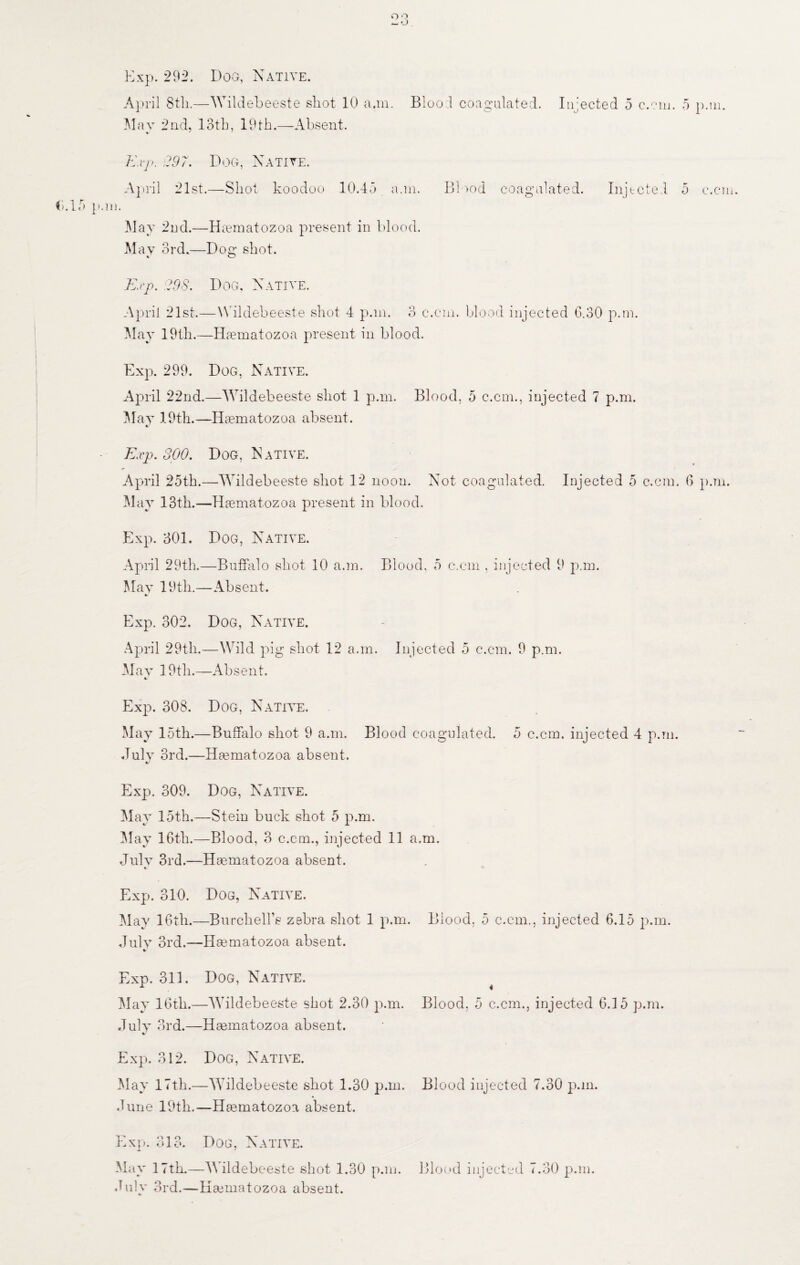 o o — o . Exp. 292. Dog, Native. April Stli.—Wildebeeste shot 10 a.m. Blood coagulated. Injected 5 c.cm. 5 p.m. May 2nd, 13th, 19th.—Absent. Exp. 297. Dog, Native. April 21st.—Shot koodoo 10.45 a.m. Blood coagulated. Injected 5 c.cm. (i.15 pun. M ay 2nd.—Ikematozoa present in blood. May 3rd,—Dog shot. Exp. 29S. Dog, Native. April 21st.—Wildebeeste shot 4 p.m. 3 c.cm. blood injected 6.30 p.m. May 19th.—Haematozoa present in blood. Exp. 299. Dog, Native. April 22nd.—Wildebeeste shot 1 p.m. Blood, 5 c.cm., injected 7 p.m. May 19th.—Haematozoa absent. •/ Exp. 300. Dog, Native. April 25th.—Wildebeeste shot 12 noon. Not coagulated. Injected 5 c.cm. 6 p.m. May 13th.—Haematozoa present in blood. Exp. 301. Dog, Native. April 29th.—Buffalo shot 10 a.m. Blood. 5 c.cm , injected 9 p.m. May 19th.—Absent. Exp. 302. Dog, Native. April 29th.—Wild pig shot 12 a.m. Injected 5 c.cm. 9 p.m. May 19th.—Absent. Exp. 308. Dog, Native. May loth.—Buffalo shot 9 a.m. Blood coagulated. 5 c.cm. injected 4 p.m. July 3rd.—Haematozoa absent. Exp. 309. Dog, Native. May 15th.—Stein buck shot 5 p.m. May 16th.—Blood, 3 c.cm., injected 11 a.m. July 3rd.—Haematozoa absent. «/ ' Exp. 310. Dog, Native. May 16th.—Burchell’s zebra shot 1 p.m. Blood, 5 c.cm., injected 6.15 p.m. July 3rd.—Haematozoa absent. * Exp. 311. Dog, Native. M ay 16th.—Wdldebeeste shot 2.30 p.m. Blood, 5 c.cm., injected 6.15 p.m. July 3rd.—Haematozoa absent. Exp. 312. Dog, Native. May 17th.—Wildebeeste shot 1.30 p.m. Blood injected 7.30 p.m. June 19th.—Haematozoa absent. Exp. 313. Dog, Native. May 17th.—Wildebeeste shot 1.30 p.m. Blood injected 7.30 p.m. July 3rd.—Heematozoa absent.