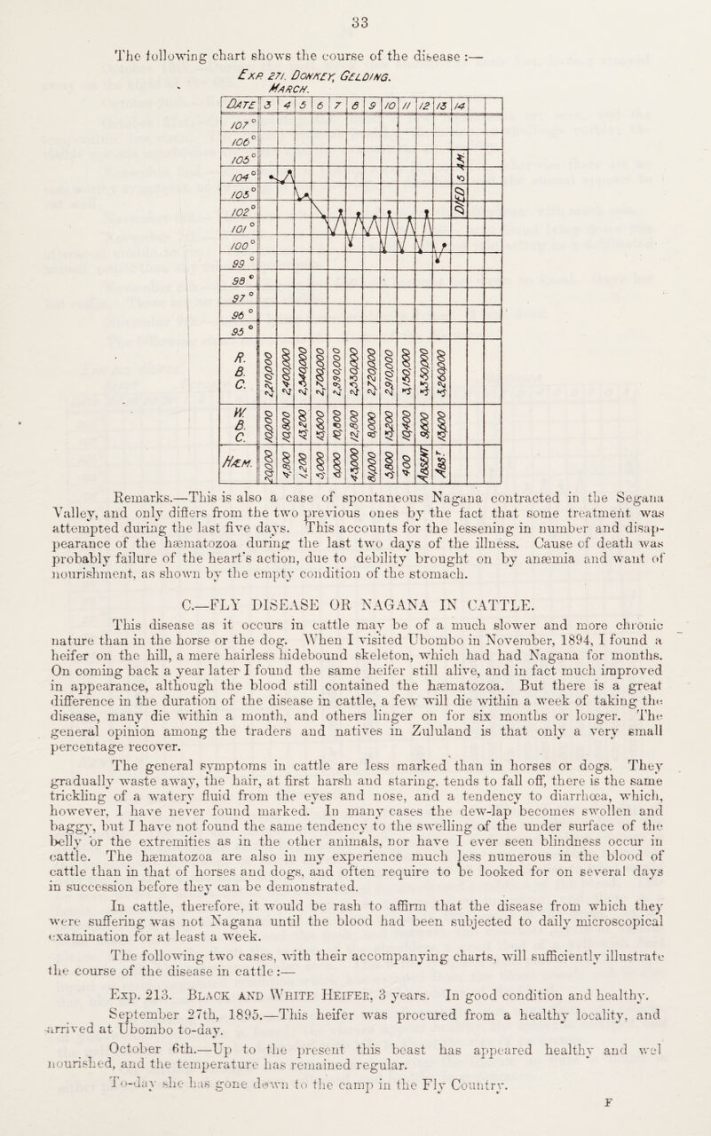 33 The following chart shows the course of the disease :— £xp. 27/. Donkey, Gelo/ng. March. Date 5 6 6 9 /0 // /2 A? J07° 1 r /00° /05° % /04° a /05° u a /02° \ -A- t t T / 0/ ° A A A h A A /00° V { V f \t 99 ° v 93 c ' 97° & o o 95 ° R. B. C. O 0> 0> O' 1 <\r Z,540,000 05 § * o 05 o> <\T E K) i $ O 05 O o' M ? rr s § 1 <5 w. s. c. 0> 03 o> % s % o § $ 0> o> ST 8 1 OS' | 1 S' 1 I /i/th1. 8 O SJ A. 1 V 8 'Vl V 1' i I O O O 8 GO O' o o 4 1 Remarks.—This is also a case of spontaneous Nagana contracted in the Segana Valley, and only differs from the two previous ones by the fact that some treatment was attempted during the last five days. This accounts for the lessening in number and disap¬ pearance of the hasmatozoa during the last two days of the illness. Cause of death was probably failure of the heart's action, due to debility brought on by anaemia and want of nourishment, as shown by the empty condition of the stomach. C.—FLY DISEASE OR NAGANA IN CATTLE. This disease as it occurs in cattle mav be of a much slower and more chronic nature than in the horse or the dog. When I visited LTbombo in November, 1894, I found a heifer on the hill, a mere hairless hidebound skeleton, which had had Nagana for months. On coming back a year later I found the same heifer still alive, and in fact much improved in appearance, although the blood still contained the hsematozoa. But there is a great difference in the duration of the disease in cattle, a few will die within a week of taking the disease, many die within a month, and others linger on for six months or longer. The general opinion among the traders and natives in Zululand is that only a very small percentage recover. The general symptoms in cattle are less marked than in horses or dogs. They gradually waste away, the hair, at first harsh and staring, tends to fall off, there is the same trickling of a watery fluid from the eyes and nose, and a tendency to diarrhoea, which, however, 1 have never found marked. In many cases the dew-lap becomes swollen and baggy, but I have not found the same tendency to the swelling of the under surface of the belly or the extremities as in the other animals, nor have I ever seen blindness occur in * _ J cattle. The haematozoa are also in my experience much less numerous in the blood of cattle than in that of horses and dogs, and often require to \>e looked for on several days in succession before they can be demonstrated. * In cattle, therefore, it would be rash to affirm that the disease from which they were suffering was not Nagana until the blood had been subjected to daily microscopical examination for at least a week. The following two cases, with their accompanving charts, will sufficient!v illustrate the course of the disease in cattle :— Exp. 213. Black and Write Heifer, 3 years. In good condition and healthy. September 27th, 1895.—This heifer wras procured from a healthy locality, and -arrived at Ubombo to-dav. October 6th.—Up to the present this beast has appeared healthy and wel nourished, and the temperature has remained regular. To-day she has gone down to the camp in the Fly Country. F