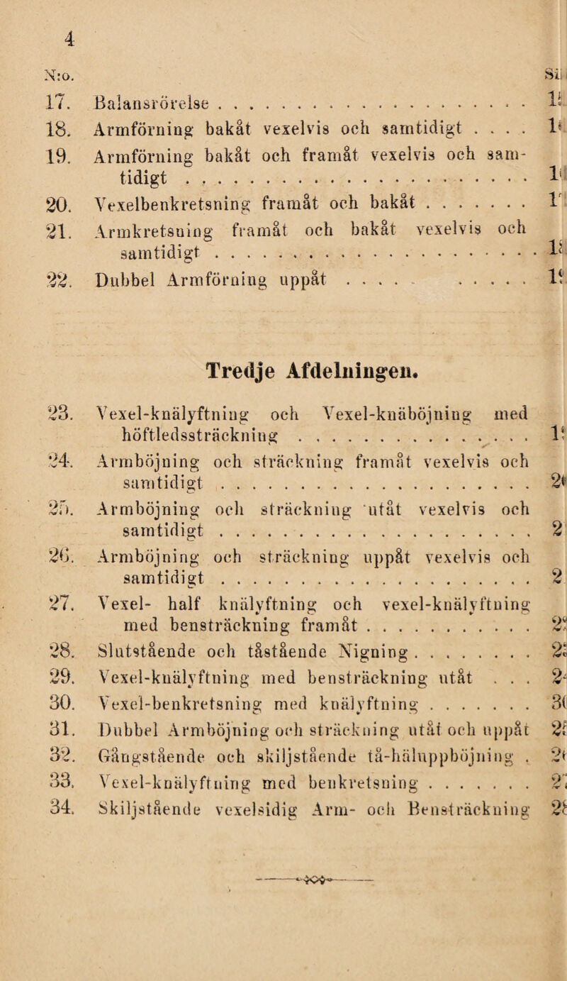 N:o. Sii i 17. Balansrörelse. • 1«- 18. Armförning bakåt vexelvis oeh samtidigt .... 1* 19. Armförning bakåt och framåt vexelvis och sam¬ tidigt .. 1' 20. Yexelbenkretsning framåt och bakåt. 1 21. Armkretsuing framåt och bakåt vexelvis och samtidigt.-D 22. Dubbel Armförning uppåt .... . 11 Tredje Afdeliiingeii. 23. Vexel-knälyftning och Vexel-knäböjniug med hÖftledssträckning. 1’ 24. Armböjning och sträckning framåt vexelvis och samtidigt. 2<* 2f>. Armböjning och sträckning utåt vexelvis och samtidigt. 2 23. Armböjning och sträckning uppåt vexelvis och samtidigt. 2 27. Yexel- half knälyftning och vexel-knälyftning med bensträckning framåt. 21 28. Slutstående och tåstående Nigning. 2* 29. Vexel-knälyftning med bensträckning utåt ... 2- 30. Yexel-benkretsning med knälyftning. 3( 31. Dubbel Armböjning och sträckning utåt och uppåt 2t 32. Gångstående och skiljstående tå-häluppböjning . 2* 33. Vexel-knälyftning med benkretsning. 21 34. Skiljstående vexelsidig Arm- och Bensträckning 2t -“>54»-