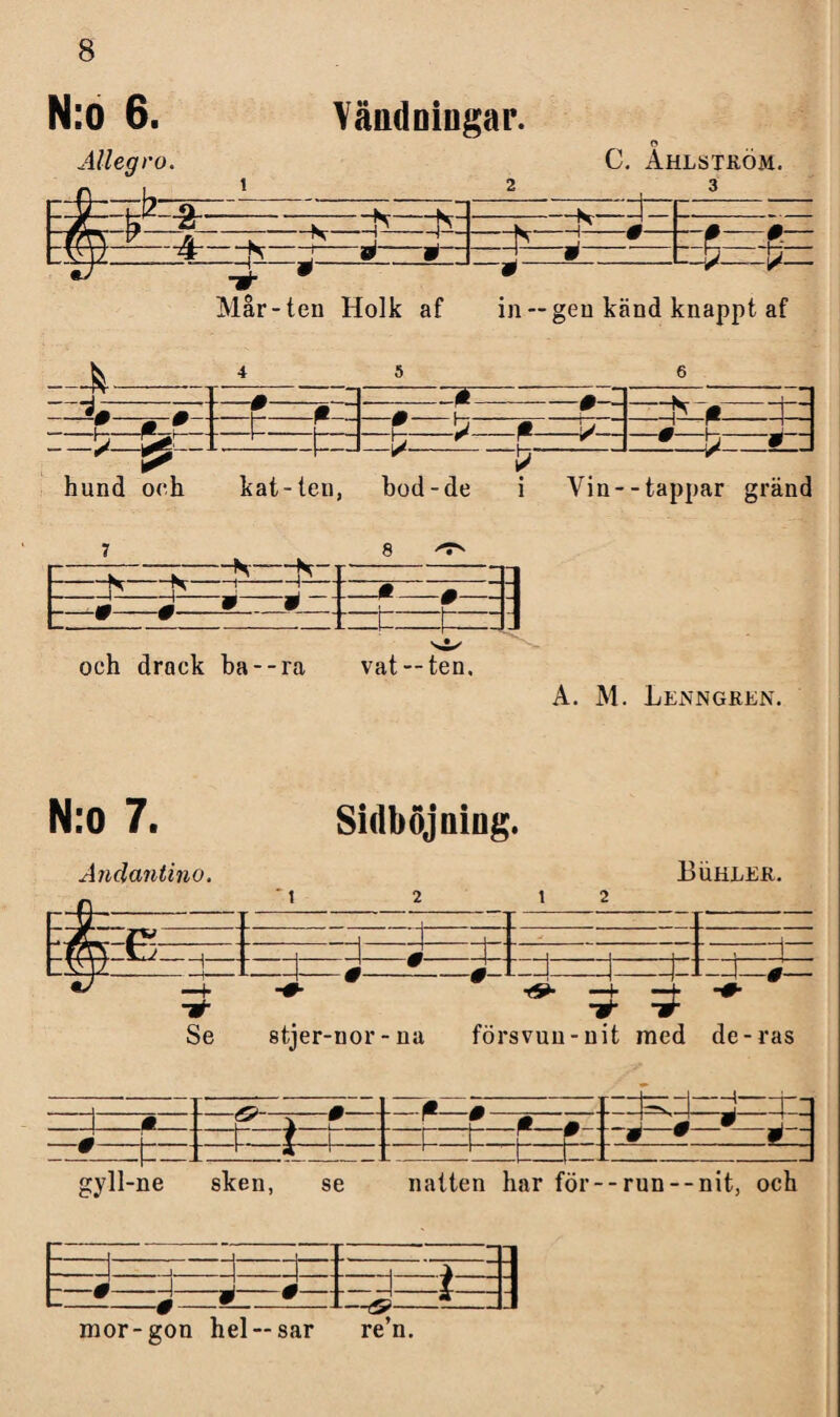 Allegro. C. Ählsteöm. och drack ha--ra vat — ten. A. M. Lenngren. N:o 7. Anclantino. Sidböjning. BilHEER. ~~jc ■ r* ' vT —i— 4 ttz± Se ^ S S 4=fc=t =t stjer-nor-na försvun-nit med de-ras gyll-ne sken, se natten har för--run--nit, och mor-gon hel —sar re’n.