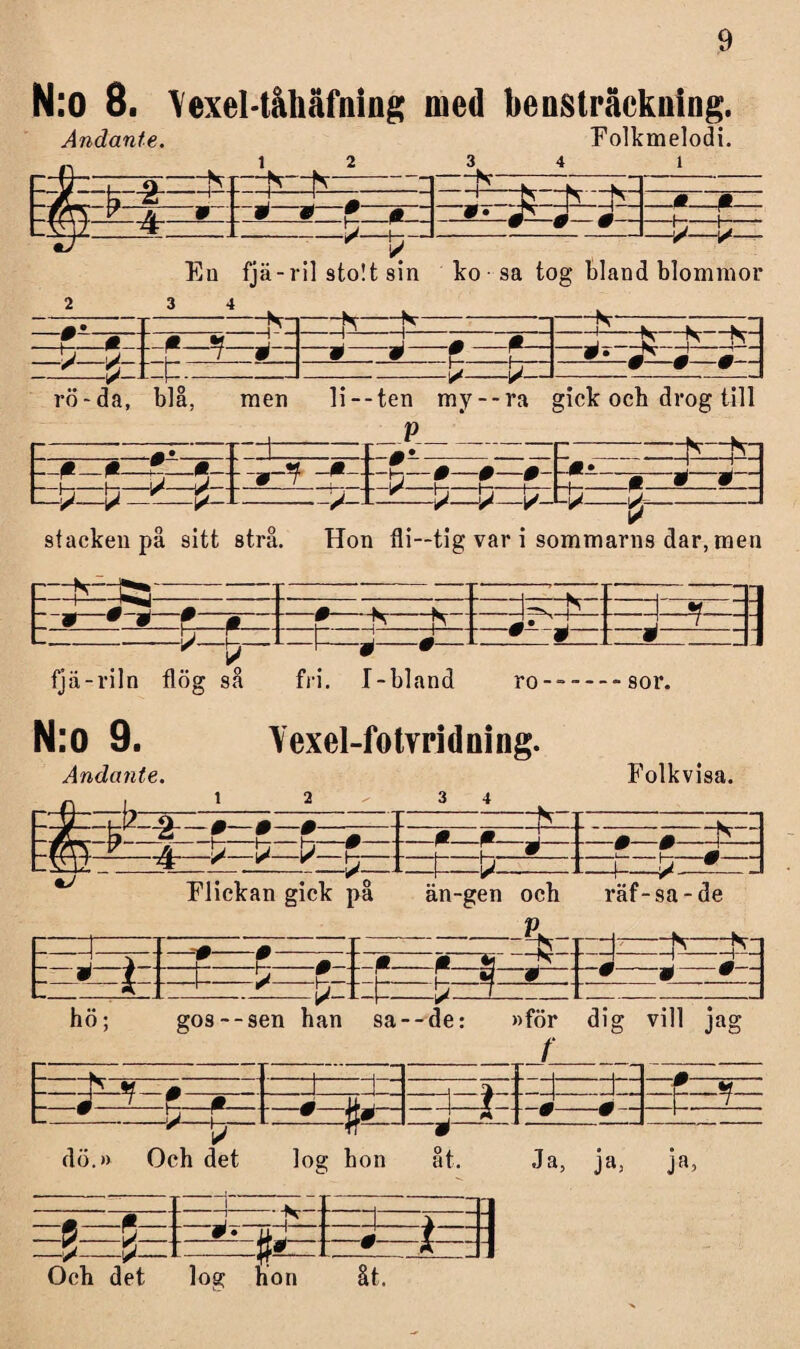 N:o 8. \exel-tåhäfnmg med bensträekning. Andante. Folkmelodi. ¥ t --2—£ --N 4- V—— En fjä-ril sto!t sin ko sa tog bland blommor 34 Ni—N—K: -0—jj—i—mö—i-1 -+T—7—*-* —J—'/r- rö-da, blå. men <p» iJ «• * * ,. ... —h—^—Vr-- :iz=t li - - ten my--ra gick ocb drog till P -f- -\p- -0—0—0- -H-H V—V—1/-M/ * V—^ stacken på sitt strå. Hon fli—tig var i sommarns dar, men —K— —- : g~zN_. ~K: 0‘ » fjii-riln flög så N:o 9. Andante. fri. I-bland Yexel-fotyridning. ro---sor. Folkvisa. r=x t Flickan gick på än-gen och räf-sa-de P £- hö; mm gos--sen han sa--de: »för dig vill jag t dö.» Och det log hon åt. Ja, ja, ja, Och det B=* 0- # log hon +—■ - åt.