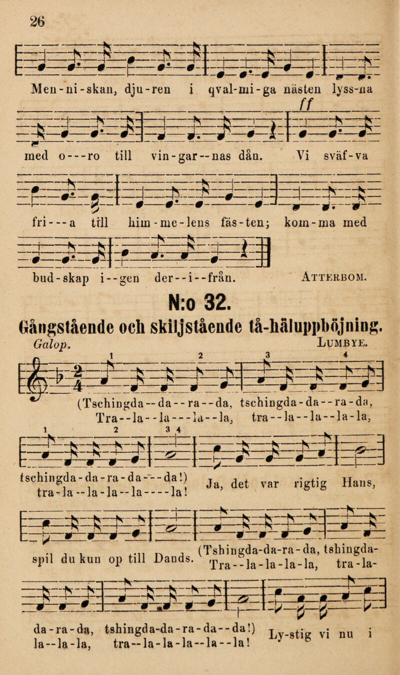 —i 0’ -0— :zfv :t== « z|=i:=j=2jv Men-ni-skan, dju-ren i qval-mi-ga nästen lyss-na ff -:-1-K-N- med o — ro till ■Hy —)-!-1- -*P—•—X- -0—0- jy- vin-gar¬ nas dån. Vi sväf-va —K; fri---a till — L— 0-0-—0- :^z=z^v:i^: ~9-»’—0~~ kim-me-leus fås- ten; kom-ma med 3ESJ: -N-; 0- t“ -l=t— Atterbom. bud-skap i--gen der--i--fran. N:o 32. Gångstående och skiljstående tå-häluppböjning. Galop. Lumbye. .1 2 3 (TschiDgda —da- - ra--da, tschingda-da--ra-da, Tra--la--la — la,--la, tra--la--la--la-la, 1 2 3 4 f—1= • - -fr I K —l ;-2_e 0 . T - i' L— _J tscliingda-da-ra-da — da!) tra-la - la-la— la-la! ■■ > “h F=f=f : £ J 0 -eL-\ spil du kun op till v- Dauds. Ja, det var -K—--■;- rigtig Hans, :rh Tra--la-la-la-la, tra-la- —K— -0—0: da-ra-da, tshingda-da-ra-da--da!) L ti vj nu j la —la-la, tra--la-la-la —la--la! *  6