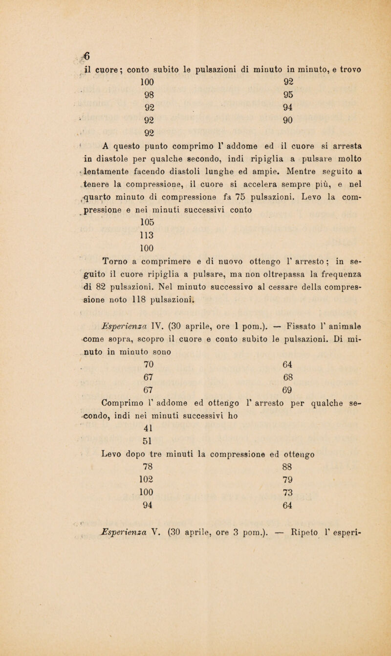 s il cuore; conto subito le pulsazioni di minuto in minuto, e trovo 100 92 98 95 92 94 92 90 92 ' A questo punto comprimo V addome ed il cuore si arresta in diastole per qualche secondo, indi ripiglia a pulsare molto • lentamente facendo diastoli lunghe ed ampie. Mentre seguito a tenere la compressione, il cuore si accelera sempre più, e nel quarto minuto di compressione fa 75 pulsazioni. Levo la com¬ pressione e nei minuti successivi conto 105 113 100 Torno a comprimere e di nuovo ottengo 1’ arresto ; in se¬ guito il cuore ripiglia a pulsare, ma non oltrepassa la frequenza di 82 pulsazioni. Nel minuto successivo al cessare della compres¬ sione noto 118 pulsazioni. Esperienza IV. (30 aprile, ore 1 pom.). — Fissato V animale come sopra, scopro il cuore e conto subito le pulsazioni. Di mi- nuto in minuto sono 70 64 67 68 67 69 Comprimo V addome ed ottengo T arresto per qualche condo, indi nei minuti successivi ho 41 51 Levo dopo tre minuti la compressione ed ottengo 78 88 102 79 100 73 94 64