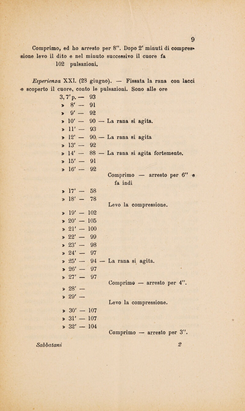 Comprimo, ed ho arresto per 8. Dopo 2' minuti di compresa sione levo il dito e nel minuto successivo il cuore fa 102 pulsazioni. Esperienza XXI. (28 giugno). — Fissata la rana con lacci e scoperto il cuore, conto le pulsazioni. Sono alle ore 3, 7'p. — 93 » 8' — 91 » 9' — 92 » 10' — 90 — La rana si agita. » ir — 93 » 12' — 90 — La rana si agita » 13' — 92 » 14' — 88 — La rana si agita fortemente, » 15' — 91 » 16' — 92 Comprimo — arresto per i fa indi » 17' — 58 » 18' — 78 Levo la compressione. » 19' — 102 » 20' — 105 » 21' — 100 » 22' — 99 » 23' — 98 » 24' — 97 » 25' — 94 — La rana si agita. » 26' — 97 « » 27' — 97 Comprimo — arresto per 4 » 28' — » 29' — Levo la compressione. » 30' — 107 » 31' — 107 » 32' __ 104 Comprimo — arresto per 3. Sabbatani 2