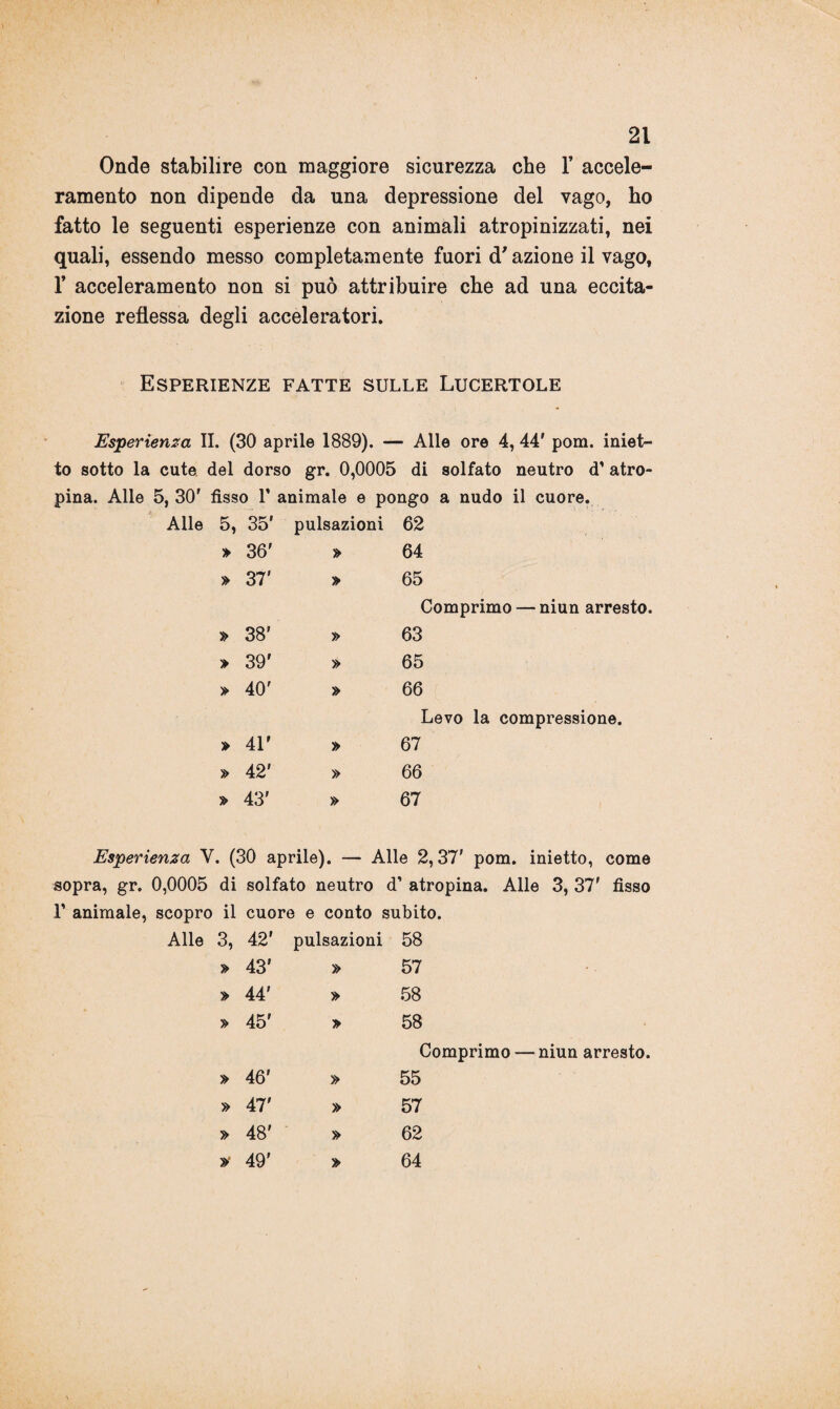 Onde stabilire con maggiore sicurezza che 1’ accele¬ ramento non dipende da una depressione del vago, ho fatto le seguenti esperienze con animali atropinizzati, nei quali, essendo messo completamente fuori d'azione il vago, r acceleramento non si può attribuire che ad una eccita¬ zione reflessa degli acceleratori. Esperienze fatte sulle Lucertole Esperienza IL (30 aprile 1889). — Alle ore 4, 44' pom. iniet¬ to sotto la cute del dorso gr. 0,0005 di solfato neutro d’atro¬ pina. Alle 5, 30' fisso V animale e pongo a nudo il cuore. e, 1' Alle 5, 35' pulsazioni 62 » 36' » 64 » 37' » 65 Comprimo — niun arresto. » 38’ » 63 > 39' » 65 » 40' » 66 Levo la compressione. » 41' » 67 » 42' » 66 » 43' » 67 Esperienza V. (30 aprile). — Alle 2,37' pom. inietto, come sopra, gr. 0,0005 di solfato neutro d’ atropina. Alle 3, 37' fisso 1’ animale, scopro il cuore e conto subito. Alle 3, 42' pulsazioni 58 » 43' » 57 » 44' » 58 » 45' » 58 Comprimo — niun arresto. » 46' » 55 » 47' » 57 » 48' » 62 » 49' » 64