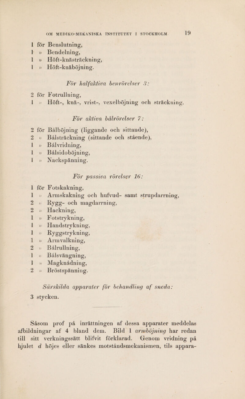 1 för Benslutning, 1 » Bendelning, 1 » Höft-knästräckning, 1 » Höft-knäböjning. För half'aktiva benrörelser 3: 2 för Fotrullning, 1 » Höft-, knä-, vrist-, vexelböjning och sträckning. För aktiva bålrörelser 7: 2 för Bål böjning (liggande och sittande), 2 » Bålsträckning (sittande och stående), 1 » Bålvridning, 1 « Bålsidoböjning, i » Nackspänning. För passiva rörelser 16: 1 för Fotskakning, 1 » Armskakning och hufvud- samt strupdarrning, 2 » Bygg- och magdarrning, 2 » Hackning, 1 » Fotstrykning, 1 » Handstrykning, 1 » Byggstrykning, 1 » Armvalkning, 2 » Bålrullning, 1 » Bålsvängning, 1 » Magknådning, 2 » Bröstspänning. Särskilda apparater för behandling af sneda: 3 stycken. Såsom prof på inrättningen af dessa apparater meddelas afbildningar af 4 bland dem. Bild 1 armböjning har redan till sitt verkningssätt blifvit förklarad. Genom vridning på hjulet d höjes eller sänkes motståndsmekanismen, tils appara-