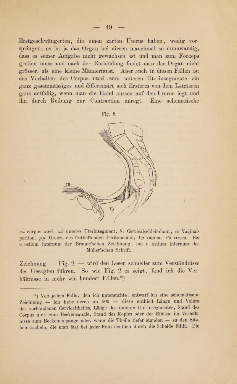 Erstgescbwangerten, die einen zarten Uterus haben, wenig vor- springen; es ist ja das Organ bei diesen mancbmal so diinnwandig, dass es seiner Aufgabe nieht gewachsen ist und man zum Forceps greifen muss und nacb der Entbindung findet man das Organ nicht grosser, als eine kleine Mannerfaust. Aber auch in diesen Fallen ist das Verhalten des Corpus uteri zum unteren Uterinsegmente ein ganz gesetzmassiges und differenzirt sieh Ersteres von dem Letzteren ganz auffallig, wenn man die Hand aussen auf den Uterus legt und ihn durch Reibung zur Contraction anregt. Eine schematische Fig. 2. cu corpus uteri, ab unteres Uterinsegment, be Cervicalschleimliaut, cc Vaginal- portion, pp‘ Grenze des festhaftenden Peritoneums, Vg vagina, Vs vesica. Bei a ostium internum der Braune’schen Zeichnung, bei b ostium internum der Muller’schen Schrift. Zeicbnung —• Fig. 2 — wird den Leser schneller zum Verstandnisse des Gesagten fiihren. So wie Fig. 2 es zeigt, fand icb die Ver- haltnisse in mehr wie bundert Fallen.*) *) Von jedem Falle, den ich untersuchte, entwarf ich eine schematische Zeichnung — ich habe deren an 500 — diese enthielt Lange und Volum des vorhandenen Gervicaltheiles, Lange des unteren Uterinsegmentes, Stand des Corpus uteri zum Beckencanale, Stand des Kopfes oder der Eiblase im Verhalt- nisse zum Beckeneingange oder, wenn die Theile tiefer standen — zu den Sitz- beinstacheln, die man fast bei jeder Frau deutlich durch die Scheide fiihlt. Die
