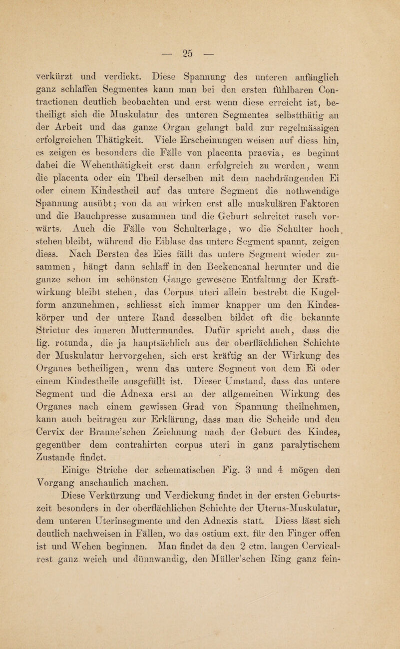 verkiirzt und verdickt. Diese Spannung des unteren anfanglich ganz schlaffen Segmentes kann man bei den ersten ftihlbaren Con- tractionen deutlich beobacbten und erst wenn diese erreicbt ist, be- theiligt sich die Muskulatur des unteren Segmentes selbstthatig an der Arbeit und das ganze Organ gelangt bald zur regelmassigen erfolgreicben Thatigkeit. Yiele Erscbeinungen weisen auf diess hin, es zeigen es besonders die Falle von placenta praevia, es beginnt dabei die Wehenthatigkeit erst dann erfolgreicli zu werden, wenn die placenta oder ein Theil derselben mit dem nachdrangenden Ei oder einem Kindestheil auf das untere Segment die notbwendige Spannung austibt; von da an wirken erst alle muskularen Faktoren und die Baucbpresse zusammen und die Geburt schreitet rascb vor- warts. Auch die Falle von Scliulterlage, wo die Scbulter hocb stehen bleibt, wahrend die Eiblase das untere Segment spannt, zeigen diess. Mach Bersten des Eies fallt das untere Segment wieder zu¬ sammen , hangt dann schlaff in den Beckencanal herunter und die ganze schon im schonsten Gange gewesene Entfaltung der Kraft- wirkung bleibt stehen; das Corpus uteri all ein bestrebt die Kugel- form anzunehmen, schliesst sich immer knapper um den Kindes- korper und der untere Band desselben bildet oft die bekannte Strictur des inneren Muttermundes. Daftir spricht auch? dass die lig. rotunda ? die ja hauptsachlich aus der oberflachlichen Schichte der Muskulatur hervorgehen; sich erst kraftig an der Wirkung des Organes betheiligen; wenn das untere Segment von dem Ei oder einem Kindestheile ausgefullt ist. Dieser Umstand; dass das untere Segment und die Adnexa erst an der allgemeinen Wirkung des Organes nach einem gewissen Grad von Spannung theilnehmen7 kann auch beitragen zur Erklarung, dass man die Scheide und den Cervix der Braune’schen Zeichnung nach der Geburt des Ivindes, gegentiber dem contrahirten corpus uteri in ganz paralytischem Zustande findet. Einige Striche der schematischen Fig. 3 und 4 mogen den Yorgang anschaulich machen. Diese Verkiirzung und Verdickung findet in der ersten Geburts- zeit besonders in der oberflachlichen Schichte der Uterus-Muskulatur, dem unteren Uterinsegmente und den Adnexis statt. Diess lasst sich deutlich nachweisen in Fallen, wo das ostium ext. fiir den Finger offen ist und Wehen beginnen. Man findet da den 2 ctm. langen Cervical- rest ganz weich und diinnwandig, den Muller’schen Ring ganz fein- \