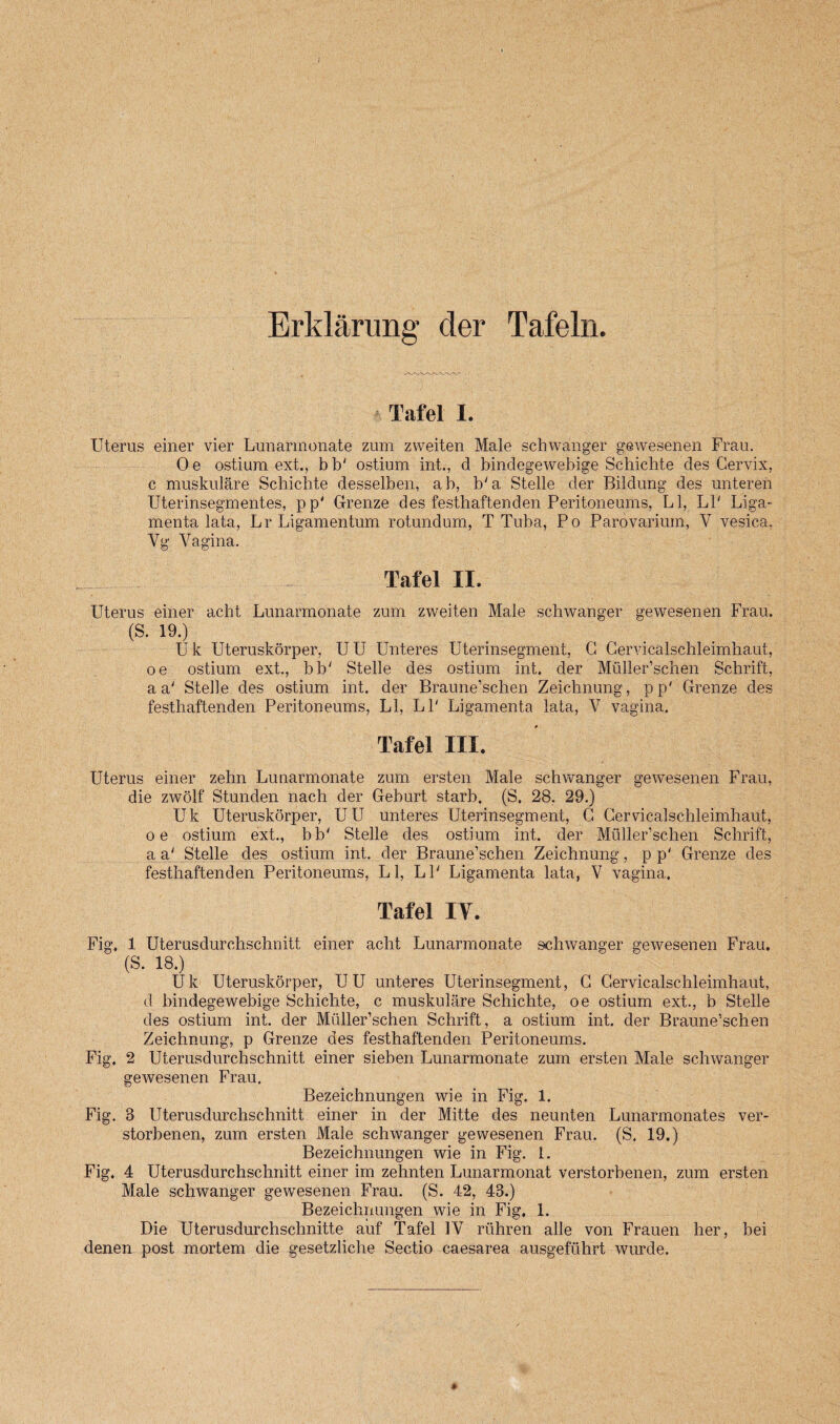 Grid lining der Tafeln. Tafel I. Uterus einer vier Lunannonate zum zvveiten Male schwanger gewesenen Frau. 0 e ostium ext., b b' ostium int., d bindegewebige Schichte des Cervix, c muskulare Schichte desselben, ah, b'a Stelle der Bildung des unteren Uterinsegmentes, pp' Grenze des festhaftenden Peritoneums. LI, LP Liga- menta lata, Lr Ligamentum rotundum, T Tuba, Po Parovarium, V vesica. Yg Vagina. Tafel II. Uterus einer acht Lunarmonate zum zweiten Male schwanger gewesenen Frau. (S. 19.) Uk Uteruskorper, UU Unteres Uterinsegment, C Cervicalschleimhaut, oe ostium ext., b b' Stelle des ostium int. der Muller’schen Schrift, aa' Stelle des ostium int. der Braune’schen Zeichnung, pp' Grenze des festhaftenden Peritoneums, LI, LI' Ligamenta lata, V vagina. Tafel III. Uterus einer zehn Lunarmonate zum ersten Male schwanger gewesenen Frau, die zwolf Stunden nach der Geburt starb. (S. 28. 29.) Uk Uteruskorper, UU unteres Uterinsegment, G Cervicalschleimhaut, oe ostium ext., bb' Stelle des ostium int. der Muller’schen Schrift, a a' Stelle des ostium int. der Braune’schen Zeichnung, p p' Grenze des festhaftenden Peritoneums, LI, LP Ligamenta lata, V vagina. Tafel IT. Fig, 1 Uterusdurchschnitt einer acht Lunarmonate schwanger gewesenen Frau. (S. 18.) Uk Uteruskorper, UU unteres Uterinsegment, C Cervicalschleimhaut, d bindegewebige Schiclite, c muskulare Schichte, oe ostium ext., b Stelle des ostium int. der Muller’schen Schrift, a ostium int. der Braune’schen Zeichnung, p Grenze des festhaftenden Peritoneums. Fig, 2 Uterusdurchschnitt einer sieben Lunarmonate zum ersten Male schwanger gewesenen Frau. Bezeichnungen wie in Fig. 1. Fig. 8 Uterusdurchschnitt einer in der Mitte des neunten Lunarmonates ver- storbenen, zum ersten Male schwanger gewesenen Frau. (S. 19.) Bezeichnungen wie in Fig. 1. Fig. 4 Uterusdurchschnitt einer im zehnten Lumarmonat verstorbenen, zum ersten Male schwanger gewesenen Frau. (S. 42, 48.) Bezeichnungen wie in Fig. 1. Die Uterusdurchschnitte auf Tafel IV rtihren alle von Frauen her, bei denen post mortem die gesetzliche Sectio caesarea ausgeftihrt wurde.