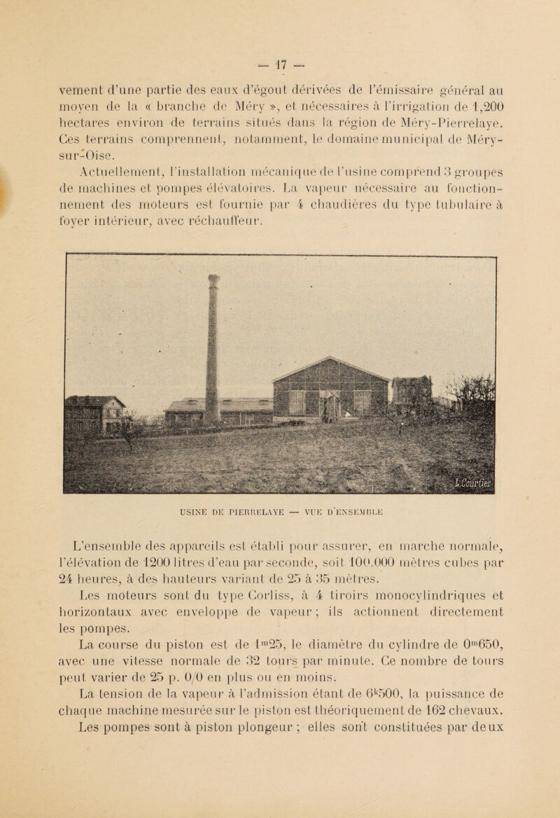 vemenfc d’une partie des eaux d’égout dérivées de l’émissaire général au moyen de la ce branche de Méry », et nécessaires à l’irrigation de 1,200 hectares environ de terrains situés dans la région de Méry-Pierrelaye. Ces terrains comprennent, notamment, le domaine municipal de Méry- sur-Oise. Actuellement, l’installation mécanique de l’usine comprends groupes de machines et pompes clé va toi res. La vapeur nécessaire au fonction¬ nement des moteurs est fournie par 4 chaudières du type tubulaire à foyer intérieur, avec réchauffeur. USINE DE PIERRELAYE — VUE D'ENSEMBLE L’ensemble des appareils est établi pour assurer, en marche normale., l’élévation de 1200 litres d’eau par seconde, soit 100.000 mètres cubes par 24 heures, à des hauteurs variant de 25 à 35 mètres. Les moteurs sont du type Corliss, à 4 tiroirs monocylindriques et horizontaux avec enveloppe de vapeur; ils actionnent directement les pompes. La course du piston est de lm25, le diamètre du cylindre de 0Ü1650, avec une vitesse normale de 32 tours par minute. Ce nombre de tours peut varier de 25 p. 0/0 en plus ou en moins. La tension de la vapeur à l’admission étant de 6k500, la puissance de chaque machine mesurée sur le piston est théoriquement de 162 chevaux. Les pompes sont à piston plongeur ; elles sont constituées par deux