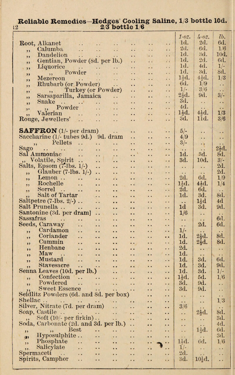 Reliable Remedies—Hedges Cooling Saline, 1/3 bottle lOd. i2 2 3 bottle 1/6 Root, Alkanet . 1-oz. Id. 4 -oz. 2d. lb. Gd. i ,, Calumba 2d. Gd. 1/6 ,, Dandelion Id. 3d. lOd. ,, Gentian, Powder (8d. per lb.). Id. 2d. Gd. ,, Liquorice . Id. 4d. 1/- ,, ,, Powder .. . Id. 3d. 8d. ,, Mezereon lid. 4id. 1/3 ,, Rhubarb (or Powder) . Gd. 1/9 ,, ,, Turkey (or Powder). 1/- 3/6 ,, Sarsaparilla, Jamaica . m- 9d. 3/- ,, Snake. 3d. . . ,. ,, Powder . 4d. , . ,, Valerian . lid. 4id. 1/3 Rouge, Jewellers’. 3d. lid. 3/6 SAFFRON (1/- per dram) . 5/- . . Saccharine (1/- tubes 9d.) 9d. dram. 4/9 . , .. ,, Pellets. 3/- • • 1 Sago . Sal Ammoniac . 2 id. Id. 3d. 8d. 1 ,, Volatile, Spirit. 3d. lOd. 31- Salts, Epsom (7*-lbs. 1/-) . , , . 2d. ,, Glauber (7-lbs. 1/-). . . 2d. ,, Lemon .. 2d. Gd. 1/9 ,, Rochelle . lid. 4ld. 1/4 ,, Sorrel. 2d. Gd. ,, Salt of Tartar . Id. 3d. 8d. Saltpetre (7-lbs. 2/-). , . lid 4d Salt Prunella. Id 3d. 9d. Santonine (3d. per dram]. 1/6 , , Sassafras # # 6d. Seeds, Caraway # * 2d. 6d. ; ,, Cardamon 1/- # m ,, Coriander. Id. 2id. 8d. 1 ,, Cummin . Id. 2*d. 8(1. ,, Henbane .. . 2d. # . ,, Maw. Id. # # ,, Mustard . Id. 3d. 6(1. ! ,, Stavesacre . Id. 3d. 9d. | Senna Leaves (lOd. per lb.) . Id. 3d. ]/- ,, Confection. lid. 5d. 1/6 ,, Powdered . 3d. 9d. ,, Sweet Essence 3d. 9d. • • I Seidlitz Powders (Gd. and 8d. per box) . # Shellac. 13 Silver, Nitrate (7d. per dram). 3/6 , , Soap, Castile. 2id. 8d. ,, Soft (10/- per firkin).. . . Sd. Soda, Carbonate (2d. and 3d. per lb.). # , 4d. lid. Gd. «»> Hyposulphite. 3d. ,, Phosphate .— .. ,, Salicylate .» .. lid. Gd. 1/6 i/- , , Spermaceti. 2d. . , • *