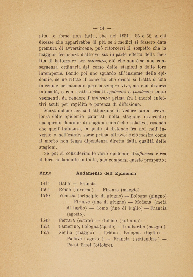 pila, e forse non tutta, che nel 1851 , 55 e 58. A chi dicesse che apparirebbe di più se i medici si fossero data premura di avvertircene, può ritorcersi il sospetto che la maggior frequenza d’altrove sia in parte effetto della faci¬ lità di battezzare per influenza, ciò che non è se non con¬ seguenza ordinaria del corso delle stagioni o delle loro intemperie. Dando poi uno sguardo all’ insieme delle epi¬ demie, se ne ritrae il concetto che ormai si tratta d’ una infezione permanente qua e là sempre viva, ma con diversa intensità, e con scatti o risalti epidemici e pandemici tanto veementi, da rendere l’influenza prima fra i morbi infet¬ tivi acuti per rapidità e potenza di diffusione. Senza dubbio ferma 1’ attenzione il vedere tanta preva¬ lenza delle epidemie catarrali nella stagione invernale ; ma questo dominio di stagione non è che relativo, essendo che quell’ influenza, la quale si distende fra noi nell’ in¬ verno o nell’estate, sorse prima altrove ; e ciò mostra come il morbo non tenga dipendenza diretta dalla qualità delle stagioni. Se poi si considerino le varie epidemie d'influenza circa il loro andamento in Italia, può comporsi questo prospetto : Anno Andamento dell’ Epidemia ’1414 Italia — Francia. ’1504 Roma (Inverno) — Firenze (maggio). ’15i0 Venezia (principio di giugno) — Bologna (giugno) — Firenze (fine di giugno) — Modena (metà di luglio) — Como (fine di luglio) — Francia (agosto). 1543 Ferrara (estate) —■ Gubbio (autunno). 1554 Camerino, Bologna (aprile) — Lombardia (maggio). ’ 155*7 Sicilia (maggio) — Urbino , Bologna (luglio) — Padova ( agosto ) — Francia ( settembre ) — Paesi Bassi (ottobre).