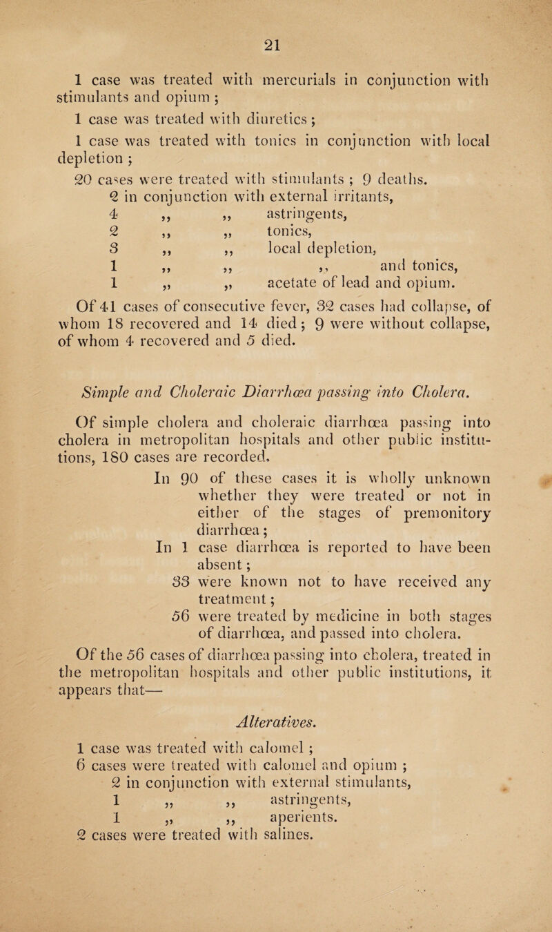 1 case was treated with mercurials in conjunction with stimulants and opium ; 1 case was treated with diuretics ; 1 case was treated with tonics in conjunction with local depletion ; 20 cases were treated with stimulants ; 9 deaths. 2 in conjunction with external irritants, 4 ,, ,, astringents, 2 ,, ,, tonics, 3 ,, ,, local depletion, 1 ,, ,, ,, and tonics, 1 „ „ acetate of lead and opium. Of 41 cases of consecutive fever, 32 cases had collapse, of whom 18 recovered and 14 died; 9 were without collapse, of whom 4 recovered and 5 died. Simple and Choleraic Diarrhoea passing into Cholera. Of simple cholera and choleraic diarrhoea passing into cholera in metropolitan hospitals and other public institu¬ tions, ISO cases are recorded. In 90 of these cases it is wholly unknown whether they were treated or not in either of the stages of premonitory diarrhoea; In 1 case diarrhoea is reported to have been absent; 33 were known not to have received any treatment; 56 were treated by medicine in both stages of diarrhoea, and passed into cholera. Of the 56 cases of diarrhoea passing into cholera, treated in the metropolitan hospitals and other public institutions, it appears that— Alteratives. 1 case was treated with calomel ; 6 cases were treated with calomel and opium ; 2 in conjunction with external stimulants, 1 ,, ,, astringents, 1 ,, ,, aperients. 2 cases were treated with salines.