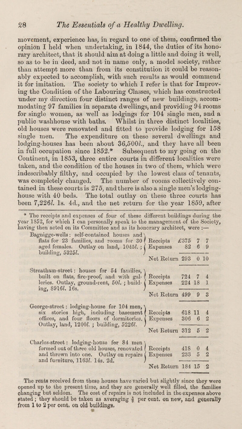 movement, experience lias, in regard to one of them, confirmed the opinion I held when undertaking, in 1844, the duties of its hono¬ rary architect, that it should aim at doing a little and doing it well, so as to be in deed, and not in name only, a model society, rather than attempt more than from its constitution it could be reason¬ ably expected to accomplish, with such results as would commend it for imitation. The society to which I refer is that for Improv¬ ing the Condition of the Labouring Classes, which has constructed under my direction four distinct ranges of new buildings, accom¬ modating 97 families in separate dwellings, and providing 94 rooms for single women, as well as lodgings for 104 single men, and a public washhouse with baths. Whilst in three distinct localities, old houses were renovated and fitted to provide lodging for 158 single men. The expenditure on these several dwellings and lodging-houses has been about 36,500/., and they have all been in full occupation since 1852.* Subsequent to my going on the Continent, in 1853, three entire courts in different localities were taken, and the condition of the houses in two of them, which were indescribably filthy, and occupied by the lowest class of tenants, was completely changed. The number of rooms collectively con¬ tained in these courts is 275, and there is also a single men’s lodging- house with 40 beds. The total Outlay on these three courts has been 7,226/. Is. 4d., and the net return for the year 1859, after * The receipts and expenses of four of these different buildings during the year 1852, for which I can personally speak to the management of the Society, having then acted on its Committee and as its honorary architect, were :— Bagnigge-wells : self-contained houses and\ flats for 23 families, and rooms for 30 f Receipts £375 7 7 aged females. Outlay on land, 1045/. ; ( Expenses 82 6 9 building, 53251. i •- Net Return 293 0 10 Streatham-street: houses for 54 families, \ built on flats, fire-proof, and with gal- r Receipts 724 7 4 leries. Outlay, ground-rent, 50/. : build- i Expenses 224 18 3. ing, 8916/. 16s. / -— Net Return 499 9 3 George-street: lodging-house for 104 men, \ six stories high, including basement f Receipts 618 11 4 offices, and four floors of dormitories. I Expenses 306 6 2 Outlay, land, 1200/. ; building, 5226/. ) -- Net Return 312 5 2 Charles-street: lodging-house for 84 men 'j formed out of three old houses, renovated f Receipts 418 0 4 and thrown into one. Outlay on repairs / Expenses 233 5 2 and furniture, 1163/. 14s. 2d. / —- Net Return 184 15 2 The rents received from these houses have varied but slightly since they were opened up to the present time, and they are generally well filled, the families changing but seldom. The cost of repairs is not included in the expenses above stated ; they should be taken as averaging f per cent, on new, and generally from 1 to 2 per cent, on old buildings,