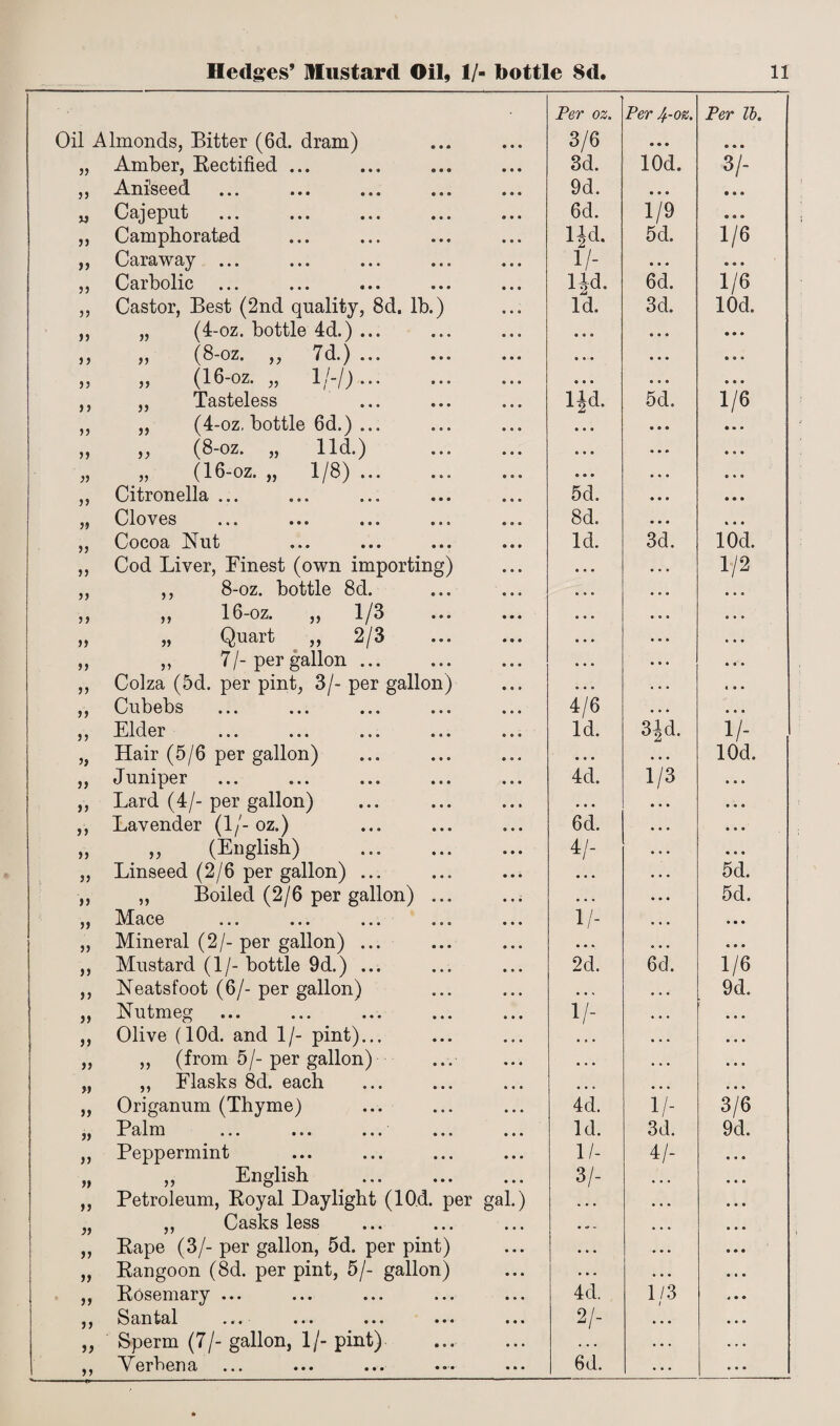 Hedges’ Mustard Oil, 1/- bottle 8d. ll Per oz. Per 4-oz. Per lb. Oil Almonds, Bitter (6d. dram) 3/6 9 9 9 • • • ?> Amber, Rectified ... 3d. lOd. 3/- 33 Aniseed 9d. • • • ® • • 33 Cajepnt 6d. 1/9 • • • 33 Camphorated iid. 5d. 1/6 33 Caraway ... i/- • 9 9 • • • 5? Carbolic iid. 6d. 1/6 33 Castor, Best (2nd quality, 8d. lb.) Id. 3d. lOd. 33 „ (4-oz. bottle 4d.) ... « « « 9 9 0 ... 33 „ (8-oz. „ 7d.). • S 9 9 9 9 « 9 9 33 „ (16-oz. „ 1/-/). • 99 9 9 9 • • 9 3 3 ,, Tasteless ljd. 5d. 1/6 3 3 „ (4-oz, bottle 6d.) ... • 9 9 • 9 • « • 9 33 ,, (8-oz. „ lid.) 9 9 9 9 9 9 • 9 9 33 „ (16-oz. „ 1/8).. • • • 9 9 9 9 9 9 ?? Citronella ... 5d. 9 9 9 • • • Cloves 8d. 9 9 9 • 9 9 Cocoa Nut Id. 3d. lOd. 33 Cod Liver, Finest (own importing) 9 9 9 • 9 9 1/2 5 J ,, 8-oz. bottle 8d. 9 9 9 9 0 9 3 3 ,, 16-oz. ,, 1/3 9 9 9 • . 9 33 „ Quart ,, 2/3 • 9 9 9 9 9 33 „ 7/-per gallon ... 9 9 9 9 9 9 33 Colza (5d. per pint, 3/- per gallon) 9 . O 9 9 9 JJ Cubebs 4/6 9 9 9 33 Elder Id. 3|d. 1/- 33 Hair (5/6 per gallon) • 9 9 9 9 9 lOd. 33 Juniper 4d. 1/3 9 9 9 33 Lard (4/-per gallon) Lavender (1/- oz.) 9 9 9 • 9 9 9 9 0 3 3 6d. 9 9 9 9 0 9 33 33 (English) . ii- 9 9 9 9 9 9 33 Linseed (2/6 per gallon) ... 9 9 9 • 9 9 5d. 33 ,, Boiled (2/6 per gallon) ... • 9 . 9 0 9 5d. 33 Mace I/' 9 9 9 9 9 9 33 Mineral (2/- per gallon) ... 9 9 9 *99 33 Mustard (1 /- bottle 9d.) ... 2d. 6d. 1/6 33 Neatsfoot (6/- per gallon) 9 9 0 9 9 • 9d. 33 Nutmeg 1/- 9 9 9 9 9 9 33 Olive (lOd. and 1/- pint)... 9 9 9 9 9 9 33 ,, (from 5/-per gallon) 9 9 9 9.9 9 9 9 M ,, Flasks 8d. each 9 9 C 9 9 9 9 9 9 33 Origanum (Thyme) 4d. 1/- 3/6 JJ Palm ... ... ... Id. 3d. 9d. 33 Peppermint 1/- 4/- 33 ,, English 3/- 9 9 9 33 Petroleum, Royal Daylight (lOd. per gai.) 9 9 9 9 9 9 )) ,, Casks less 9 9 9 33 Rape (3/- per gallon, 5d. per pint) • 9 9 9 9 9 33 Rangoon (8d. per pint, 5/- gallon) • 9 9 9 9 9 33 Rosemary ... 4 d. 1/3 i J > S ctn tell. • • • ••• ••• • • * 21- 9 9 9 33 Sperm (7/- gallon, 1/- pint) . . . 33 • • • . . .