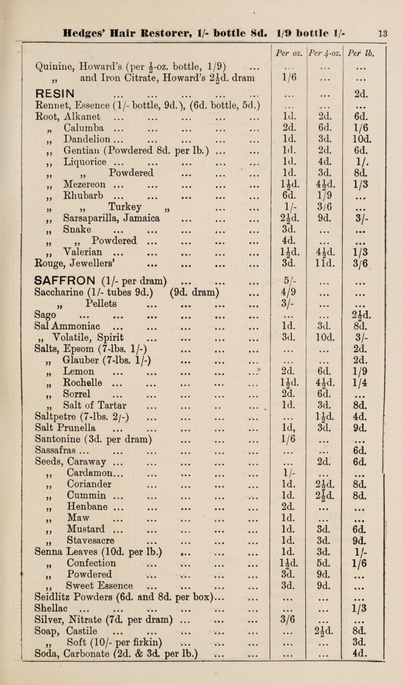 Quinine, Howard’s (per J-oz. bottle, 1/9) Per oz. Per 4-oz. Per lb. 4 4 4 ,, and Iron Citrate, Howard’s 2|d. dram 1/6 ... 4 4 4 RESIN • • • » • • 2d. Rennet, Essence (1/- bottle, 9d.), (6d. bottle, 5d.) • • • • • • 4 4 4 Root, Alkanet Id. 2d. 6d. „ Calumba ... 2d. 6d. 1/6 „ Dandelion... Id. 3d. 10d. ,, Gentian (Powdered 8d. per lb.) ... Id. 2d. 6d. ,, Liquorice ... Id. 4d. !/• „ „ Powdered ... ... ... Id. 3d. 8d. „ Mezereon ... lid. 4id. 1/3 ,, Rhubarb ... 6d. 1/9 4 4 4 „ „ Turkey „ . i/- 3/6 4 4 4 ,, Sarsaparilla, Jamaica 2§d. 9d. 3/- SiiQiko ••• ••• ••• • • • 3d. • • • 4 • • „ ,, Powdered ... 4d. • • • 4 4 4 ,, Valerian ... iid. 4|d. 1/3 Rouge, Jewellers’ 3d. lid. 3/6 SAFFRON (1/-per dram) 5/- • • • 4 4 4 Saccharine (1/- tubes 9d.) (9d. dram) 4/9 • • • 4 4 4 „ Pellets 3/- • • ♦ 4 4 4 Sa^£0 ••• ••• ••• ••• »»• • • • 2id. Sal Ammoniac Id. 3d. 8d. „ Volatile, Spirit 3d. lOd. 3/- Salts, Epsom (7-lbs. 1/-) • • • • • • 2d. „ Glauber (7-lbs. 1/-) , , , • • • 2d. )) Lemon ••• ,»» • • • ••• •«. 2d. 6d. 1/9 „ Rochelle ... ijd. 4id. 1/4 „ Sorrel 2d. 6d. 4 4 4 „ Salt of Tartar ... ... .. .... Id. 3d. 8d. Saltpetre (7-lbs. 2/-) • • • iid. 4d. Salt Prunella Id, 3d. 9d. Santonine (3d. per dram) 1/6 • • • 4 4 4 Sassafras ... • • • * • 4 6d. Seeds, Caraway ... • • • 2d. 6d. „ Cardamon... i/- • 4 • 4 4 4 ,, Coriander Id. 2id. 8d. „ Cummin. Id. 2Jd. 8d. Henbane ••• • • * ••• ••• ,,• 2d. • • • 4 4 4 „ Maw ... ... ... ... Id. • 4 • • 4 • ,, Mustard ... Id. 3d. 6d. „ Stavesacre Id. 3d. 9d. Senna Leaves (lOd. per lb.) Id. 3d. i/- „ Confection l^d. 5d. 1/6 ' ,, Powdered 3d. 9d. 4 4 4 ,, Sweet Essence 3d. 9d. 4 4 4 Seidlitz Powders (6d. and 8d. per box)... • • • • 4 • 4 4 4 Shellac ... • • • 4 4 4 1/3 Silver, Nitrate (7d. per dram) ... 3/6 4 4 4 4 4 4 Soap, Castile • • • 2^d. 8d. „ Soft (10/-per firkin) • • • 4 4 4 3d. • • • 4 4 4