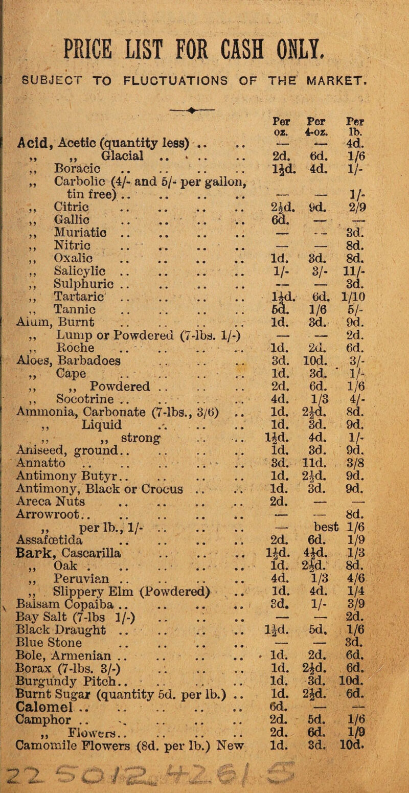 PRICE LIST FOR CASH ORLY. SUBJECT TO FLUCTUATIONS OF THE MARKET. Per Per Per Acid, Acetic (quantity less) .. oz. 4-oz. lb. 4d, „ ,, Glacial .. ... 2d. 6d. 1/6 ., Boracic. l^d. 4d. 1/- „ Carbolic (4/- and 5/- per gallon, tin free). „ _ 1/* ,, Citric . 2Jd. 9d. 2/9 ,, Gallic . 6d. — ,, Muriatic. — — 3d. ,, Nitric . — — 8d. ,, Oxalic . Id. 3d. 8d. ,, Salicylic. 1/- 3/- 11/- ,, Sulphuric. 3d. ,, Tartaric. m. 6d. 1/10 ,, Tannic 6d. 1/6 6/- Alum, Burnt . Id. 3d. 9d. ,, Lump or Powdered (7-lbs. 1/-) — — 2d. ,, Roche . Aloes, Barbadoes . Id. 2d. 6d. 3d. lOd. 3/- ,, Cape Id. 3d. ' 1/- ,, ,, Powdered. 2d. 6d. 1/6 ,, Socotrine .. .. Ammonia, Carbonate (7-lbs., 3/6) .. 4d. 1/3 4 /- Id. 2*d. 8d. ,, Liquid Id. 3d. 9d. „ strong lid. 4d. 1/- Aniseed, ground. Id. 3d. 9d. Annatto 3d. lid. 3/8 Antimony Butyr.. Id. 2 id. 9d. Antimony, Black or Crocus .. Id. 3d. 9d. Areca Nuts . 2d. — — Arrowroot.. — — 8d. „ per lb., 1/-. — best 1/6 Assafcetida .. 2d. 6d. 1/9 Bark, Cascarilla . lid. 4id. 1/3 ,, Oak. Id. 2id. 8d. ,, Peruvian .. 4d. 1/3 4/6 ,, Slippery Elm (Powdered) Id. 4d. 1/4 > Balsam Copaiba .. 3d. 1/- 3/9 Bay Salt (7-lbs 1/-) .. — — 2d. Black Draught .. lid. 5d. 1/6 Blue Stone . — 3d. Bole, Armenian .. Id. 2d. 6d. Borax (7-lbs. 3/-) Id. 2id. 6d. Burgundy Pitch. Id. 3d. lOd. Burnt Sugar (quantity 5d. per lb.) .. Id. 2Jd. 6d. Calomel. 6d. — — Camphor .. . 2d. 5d. 1/6 ,, Flowers.. 2d. 6d. 1/9