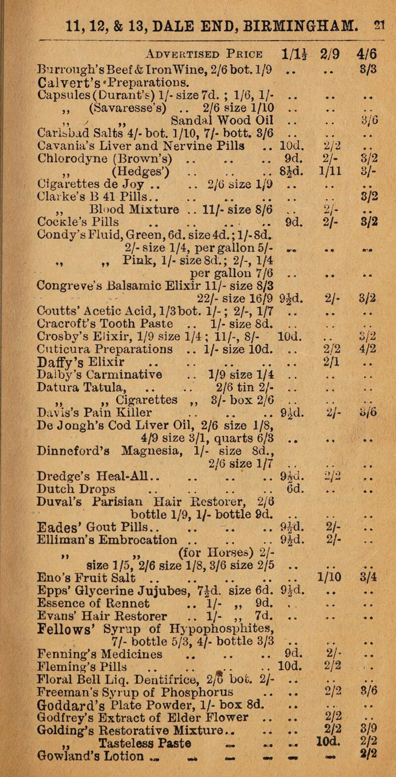 9£d. .. lOd. 2/2 . . .. 9d. 2/- 3/2 .. 8|d. 1/11 3/- 1/9 .. . . • • • • • • . . 3/2 8/6 .. 2/- • • .. 9d. 2/- 3/2 Adveeitised Pkice 1/lJ 2/9 Burrough’s Beef&IronWine, 2/6 bot. 1/9 .. Calvert’s ‘Preparations. Capsules (Durant’s) 1/- size 7d. ; 1/6, 1/- ,, (Savaresse’s) .. 2/6 size 1/10 ,, Sandal Wood Oil Carlsbad Salts 4/- bot. 1 /10, 7/- bott. 3/6 Cavania’s Liver and Nervine Pills Chlorodyne (Brown’s) .. ,, (Hedges’) .. Cigarettes de Joy .. .. 2/6 siz Clarke’s B 41 Pills.. ,, Blood Mixture .. 11/-siz Cocxle’s Pills Condy’s Fluid, Green, 6d. size 4d.; 1 /- 8d. 2/- size 1/4, per gallon 5/- ,, Pink, l/-size8d.; 2/-, 1/4 per gallon 7/6 Congreve’s Balsamic Elixir 11/- size 8/3 22/- size 16/9 Coutts’ Acetic Acid, 1/3bot. 1/-; 2/-, 1/7 Cracroft’s Tooth Paste .. 1/- size 8d. Crosby’s Elixir, 1/9 size 1/4 ; 11/-, 8/- lOd. Cuticura Preparations .. 1/-size lOd. ., 2/2 Daffy’s Elixir . 2/1 Dalby’s Carminative .. 1/9 size 1/4 Datura Tatula, .. .. 2/6 tin 2/- ,, ,, Cigarettes ,, 3/-box 2/6 .. Davis’s Pain Killer .9gd. De Jongh’s Cod Liver Oil, 2/6 size 1/8, 4/9 size 3/1, quarts 6/3 .. Dinneford’s Magnesia, 1/- size 8d., 2/6 size 1/7 Dredge’s Heal-All.9^d. Dutch Drops .. .. .. .. 6d. Duval’s Parisian Hair Restorer, 2/8 bottle 1/9, 1/- bottle 9d. .. Lades’ Gout Pills.9£d. Elliman’s Embrocation.9|d. ,, ,, (for Horses) 2/- size 1/5, 2/6 size 1/8, 3/6 size 2/5 .. Eno’s Fruit Salt. Epps’ Glycerine Jujubes, 7£d. size 6d. 9|d. Essence of Rennet .. 1/- ,, 9d. . Evans’Hair Restorer ..1/- ,, 7d. .. Fellows’ Syrup of Hypophosphites, 7/- bottle 5/3, 4/- bottle 3/3 .. Fenning’s Medicines .9d. Fleming’s Pills .. .. .. .. lOd. Floral Bell Liq. Dentifrice, 2jo bot. 2/- Freeman’s Syrup of Phosphorus Goddard’s Plate Powder, 1/- box 8d. Godfrey’s Extract of Elder Flower .. Golding’s Restorative Mixture.. „ Tasteless Paste Gowland’s Lotion .* — — 4/6 8/3 3/6 2/- 3/2 21- 2/- 3/2 4/2 2/- 8/6 1/10 3/4 2/- 2/2 2/2 3/6 2/2 2/2 lOd. 3/9 2/2 2/2
