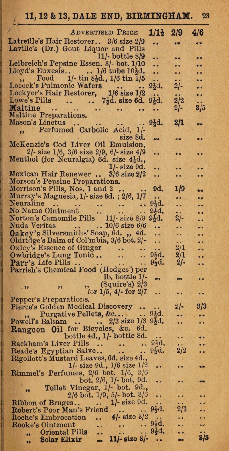 Advertised Price 1/11 2/9 4/6 Latrellle’s Hair Restorer.. 3/6 size 2/9 Laville’s (Dr.) Gout Liquor and Pills 11/- bottle 8/9 Leibreich’s Pepsine Essen. 3/- bot. 1/10 Lloyd’s Euxesis.. .. 1/6 tube lOJd. „ Food 1/- tin 8§d., 1/6 tin 1/5 Locock’s Pulmonic Wafers Lockyer’s Hair Restorer, 1/6 size 1/2 Lowe’s Pills .. .. 7£a. size 6d. Maltine.-. Maltine Preparations. Mason’s Linctus. „ Perfumed Carbolic Acid, 1 /- size 8d. McKenzie’s Cod Liver Oil Emulsion, 2/- size 1/6, 3/6 size 2/9, 6/- size 4/9 Menthol (for Neuralgia) 6d. size 4£d., 1/- size 9d. Mexican Hair Renewer .. 3/6 size 2/2 Morson's Pepsine Preparations. Morrison’s Pills, Nos. 1 and 2 .. Murray’s Magnesia, 1/- size 8d. ; 2/6, 1/7 Neuraline. No Name Ointment . Norton’s Camomile Pills 11/- size 8/9 Nuda Veritas .. .. 10/6 size 6/6 Oakey’s Silversmiths’ Soap, 6d. ,, 4d. Oldridge’s Balm of Col’mbia, 3/6 bot. 2/- Oxley’s Essence of Ginger Owbridge’s Lung Tonic .. Parr’s Life Pills. Parrish’s Chemical Food (Hedges’) per lb. bottle 1/- „ „ „ (Squire’s) 2/3 lor 1/5, 4/- for 2/7 Pepper’s Preparations. Pierce’s Golden Medical Discovery .. ,, Purgative Pellets, &c... Powell’s Balsam .. .. 2/3 size 1/S Rangoon Oil for Bicycles, &c. 6d. bottle 4d., 1/- bottle 8d. Rackham’s Liver Pills. Reade’s Egyptian Salve.. Rigollott’s Mustard Leaves, 6d. size 4d., 1/- size 9d., 1/6 size 1/2 Rimmel’s Perfumes, 2/6 bot. 1/6, 3/6 bot. 2/6, 1/- bot. 9d. „ Toilet Vinegar, ]/- bot. 9d., 2/6 bot. 1/9, 5/- bot. 8/6 Ribbon of Bruges.. .. 1/-size 9d. Robert’s Poor Man’s Friend Roche’s Embrocation .. 4/- size 3/2 Rooke's Ointment „ Oriental Pills. „ Solar Elixir - 11/- size 8/- 9|d. 9|d. 9d. 9Jd. 9^-d. 9Jd. 9jd. 9Jd. 9|d. 9Jd. 9 Ad. 0W • • • 21- 2/2 2/- 8/5 9£d. 2/1 Hd. 9£d. 9id. • • « • • • « • 1/9 „ • • 9 0 • • 9 9 • • 9 9 21- .. 2/1 2/1 21- • • • • 2/- 8/3 » • • < 2/2 • • 9K9 9 9 vm • 9 • 2/1 *. « • • • • • 9 9 • .. 8/3