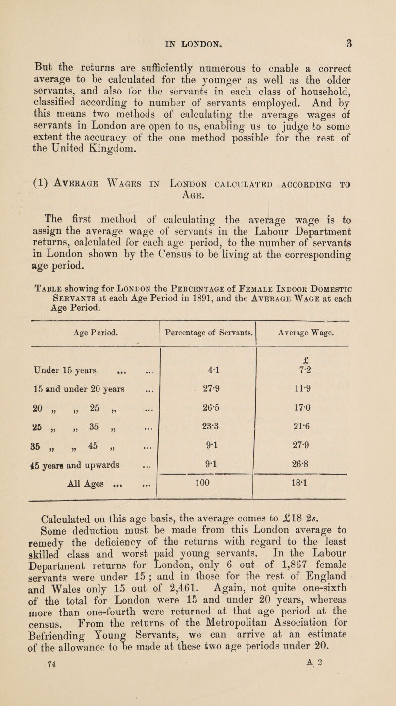 But the returns are sufficiently numerous to enable a correct average to be calculated for the younger as well as the older servants, and also for the servants in each class of household, classified according to number of servants employed. And by this means two methods of calculating the average wages of servants in London are open to us, enabling us to judge to some extent the accuracy of the one method possible for the rest of the United Kingdom. (1) Average Wages in London calculated according to Age. The first method of calculating the average wage is to assign the average wage of servants in the Labour Department returns, calculated for each age period, to the number of servants in London shown by the Census to be living at the corresponding age period. Table showing for London the Percentage of Female Indoor Domestic Servants at each Age Period in 1891, and the Average Wage at each Age Period. Age Period. Percentage of Servants. Average Wage. £ Under 15 years ... 44 7-2 15 and under 20 years 27-9 11*9 20 „ ,,25 „ 20-5 170 25 ,, ,,35 „ 23-3 21-6 35 ,, „ 45 ,, ... 9T 27*9 45 years and upwards 9*1 26-8 All Ages ... 100 18*1 Calculated on this age basis, the average comes to £18 2s. Some deduction must be made from this London average to remedy the deficiency of the returns with regard to the least skilled class and worst paid young servants. In the Labour Department returns for London, only 6 out of 1,867 female servants were under 15 ; and in those for the rest of England and Wales only 15 out of 2,461. Again, not quite one-sixth of the total for London were 15 and under 20 years, whereas more than one-fourth were returned at that age period at the census. From the returns of the Metropolitan Association for Befriending Young Servants, we can arrive at an estimate of the allowance to be made at these two age periods under 20. A 2 74