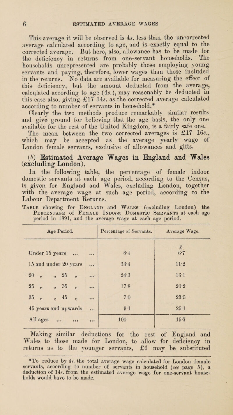 This average it will be observed is 4s. less than the uncorrected average calculated according to age, and is exactly equal to the corrected average. But here, also, allowance has to be made for the deficiency in returns from one-servant households. The households unrepresented are probably those employing young servants and paying, therefore, lower wages than those included in the returns. No data are available for measuring the effect of this deficiency, but the amount deducted from the average, calculated according to age (45.), may reasonably be deducted in this case also, giving £17 145. as the corrected average calculated according to number of servants in household.* Clearly the two methods produce remarkably similar results and give ground for believing that the age basis, the only one available for the rest of the United Kingdom, is a fairly safe one. The mean between the two corrected averages is £17 16s., which may be accepted as the average yearly wage of London female servants, exclusive of allowances and gifts. (P) Estimated Average Wages in England and Wales (excluding London). In the following table, the percentage of female indoor domestic servants at each age period, according to the Census, is given for England and Wales, excluding London, together with the average wage at such age period, according to the Labour Department Returns. Table showing for England and Wales (excluding London) the Percentage of Female Indoor Domestic Servants at each age period in 1891, and the average Wage at each age period. Age Period. Percentage of Servants. Average Wage. £ Under 15 years . 8*4 6*7 15 and under 20 years 33-4 11*2 20 ,, ,, 2o „ 24-3 16-1 25 ,, ,, 35 ,, ... 17*8 20-2 33 p 43 2) ••• 7-0 23*5 45 years and upwards 9*1 25-1 All ages . 100 15-7 Making similar deductions for the rest of England and Wales to those made for London, to allow for deficiency in returns as to the younger servants, £6 may be substituted *To reduce by 4.s. the total average wage calculated for London female servants, according to number of servants in household (see page 5), a deduction of 14s. from the estimated average wage for one-servant house¬ holds would have to be made.