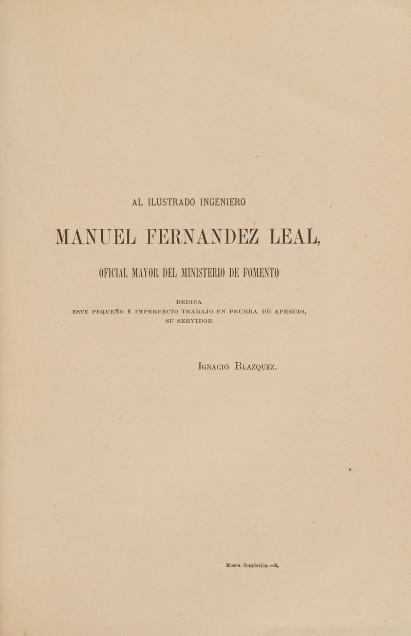 AL ILUSTRADO INGENIERO MANUEL FERNANDEZ LEAL. OFICIAL MAYOR DEL MINISTERIO DE FOMENTO DEDICA ESTE PEQUEÑO É IMPERFECTO TRABAJO EN PRUEBA DE APRECIO, SU SERVIDOR lexnacio BLAZQUEZ. Mosca doméstica.—2s