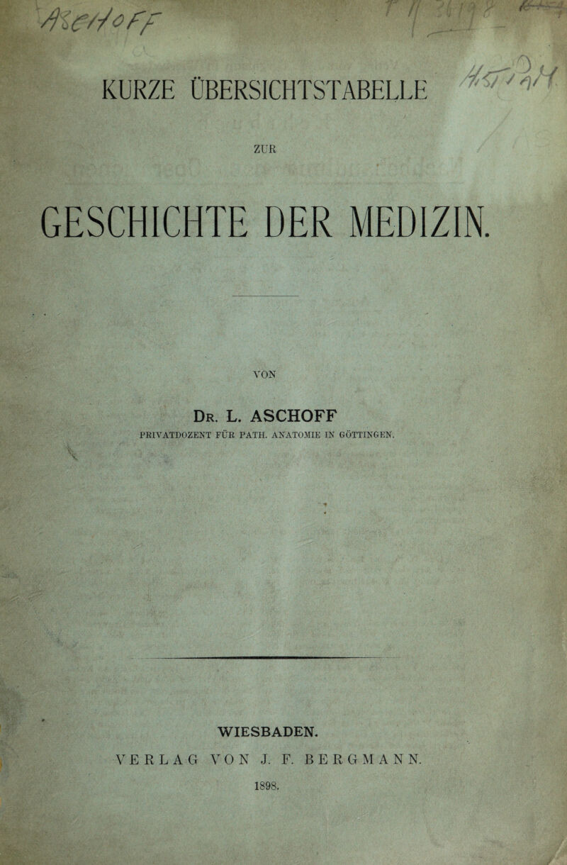 f. KURZE ÜBERSICHTSTABELLE GESCHICHTE DER MEDIZIN. VON Dr. l. aschoff PRIVATDOZENT FÜR PATH. ANATOMIE IN GÖTTINGEN. WIESBADEN. VERLAG VON J. F. BERGMANN. 1898.