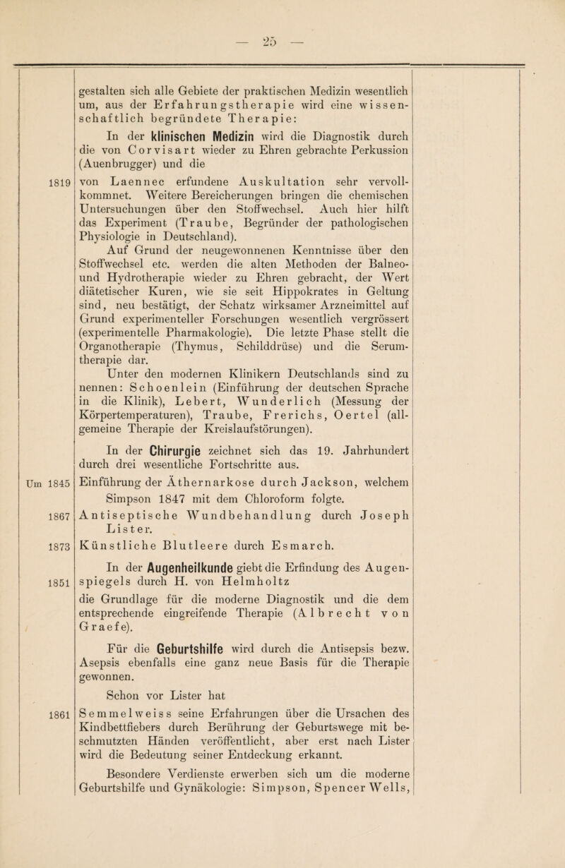 gestalten sich alle Gebiete der praktischen Medizin wesentlich um, aus der Erfahrungstherapie wird eine wissen¬ schaftlich begründete Therapie: In der klinischen Medizin wird die Diagnostik durch die von Corvisart wieder zu Ehren gebrachte Perkussion (Auenbrugger) und die 1819 von Laennec erfundene Auskultation sehr vervoll¬ kommnet. Weitere Bereicherungen bringen die chemischen Untersuchungen über den Stoffwechsel. Auch hier hilft das Experiment (Traube, Begründer der pathologischen Physiologie in Deutschland). Auf Grund der neugewonnenen Kenntnisse über den Stoffwechsel etc. werden die alten Methoden der Balneo- und Hydrotherapie wieder zu Ehren gebracht, der Wert diätetischer Kuren, wie sie seit Hippokrates in Geltung sind, neu bestätigt, der Schatz wirksamer Arzneimittel auf Grund experimenteller Forschungen wesentlich vergrössert (experimentelle Pharmakologie). Die letzte Phase stellt die Organotherapie (Thymus, Schilddrüse) und die Serum¬ therapie dar. Unter den modernen Klinikern Deutschlands sind zu nennen: Schoenlein (Einführung der deutschen Sprache in die Klinik), Lebert, Wunderlich (Messung der Körpertemperaturen), Traube, Frerichs, Oertel (all¬ gemeine Therapie der Kreislaufstörungen). Um 1845 1867 1873 In der Chirurgie zeichnet sich das 19. Jahrhundert durch drei wesentliche Fortschritte aus. Einführung der Äthernarkose durch Jackson, welchem Simpson 1847 mit dem Chloroform folgte. Antiseptische Wundbehandlung durch Joseph L i s t e r. Künstliche Blutleere durch Esmarch. In der Augenheilkunde giebtdie Erfindung des Augen- 1851 Spiegels durch H. von Helmholtz die Grundlage für die moderne Diagnostik und die dem entsprechende eingreifende Therapie (Albrecht von G r aef e). Für die Geburtshilfe wird durch die Antisepsis bezw. Asepsis ebenfalls eine ganz neue Basis für die Therapie gewannen. Schon vor Lister hat 1861 Semmelweiss seine Erfahrungen über die Ursachen des Kindbettfiebers durch Berührung der Geburtswege mit be¬ schmutzten Händen veröffentlicht, aber erst nach Lister wird die Bedeutung seiner Entdeckung erkannt. Besondere Verdienste erwerben sich um die moderne Geburtshilfe und Gynäkologie: Simpson, Spencer Wells,